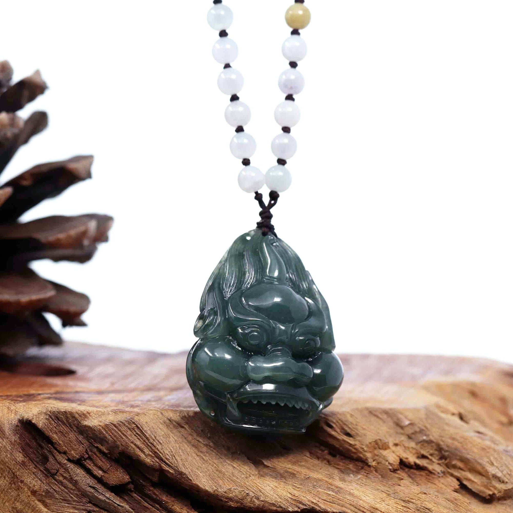 Baikalla Jewelry Jade Carving Necklace Baikalla™ "Fu Dog" (Guardian Lion) Natural Blue Green Jadeite Jade Necklace Collectibles