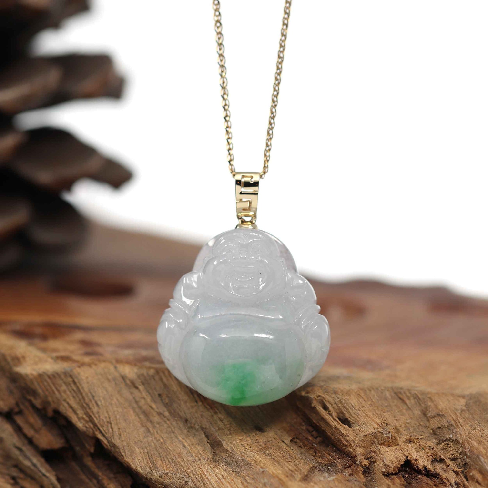 Baikalla Jewelry Gold Jade Buddha Baikalla "Laughing Buddha" 14k Gold Genuine White Green Jadeite Jade