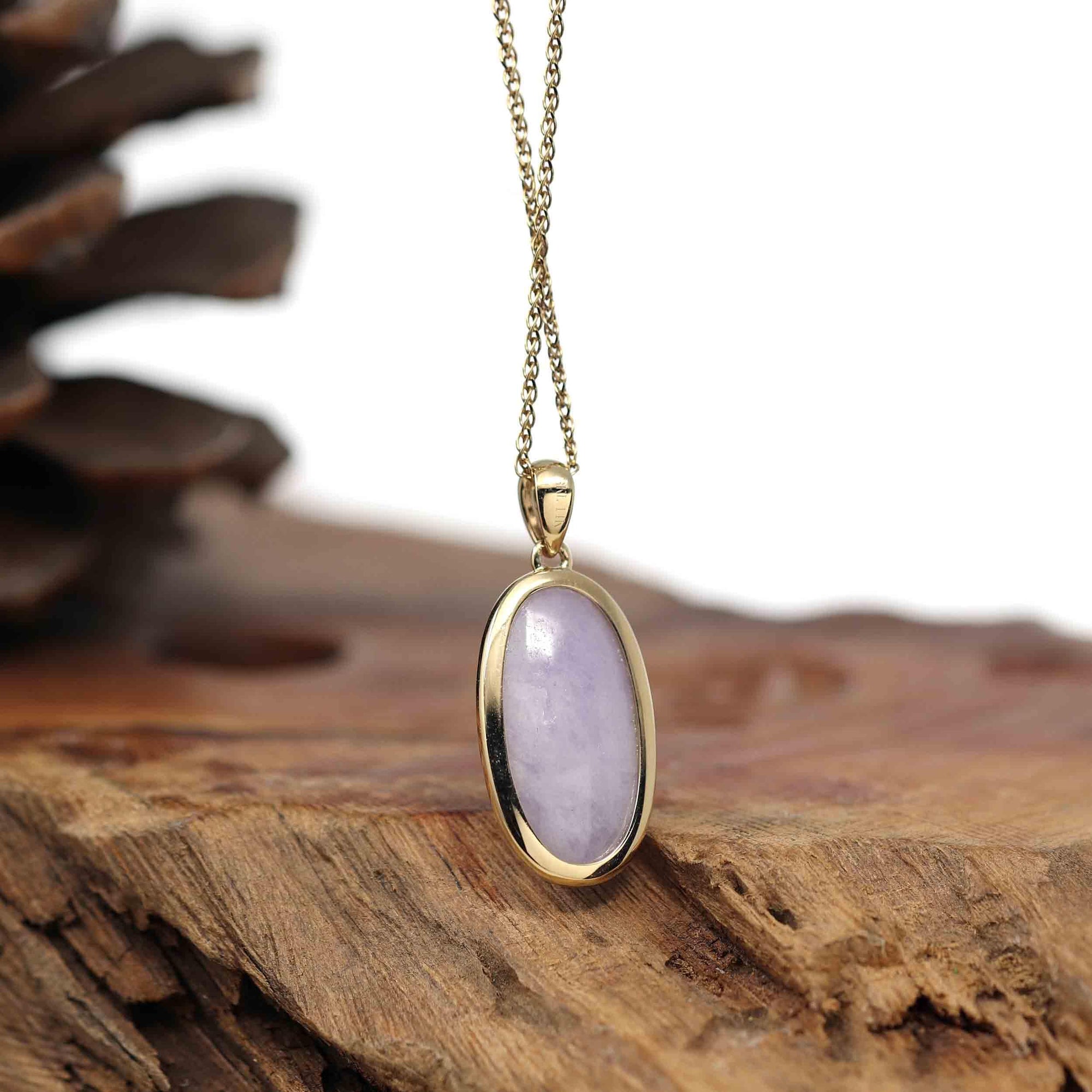 Baikalla Jewelry Lavender Jadeite Necklace 14K Gold Natural Lavender Burmese Jadeite Cabochon Necklace