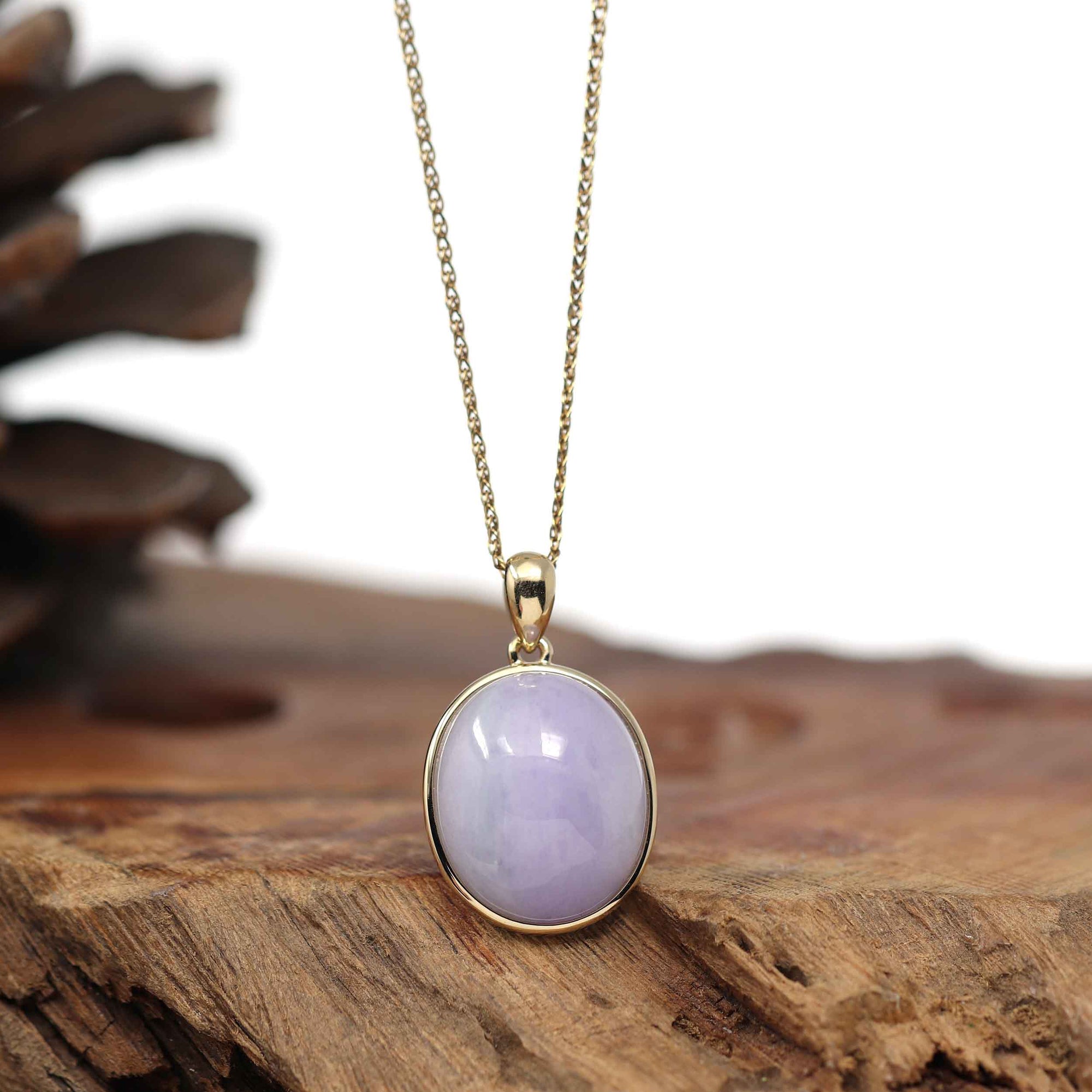 Baikalla Jewelry Lavender Jadeite Necklace 14K Gold Natural Lavender Burmese Jadeite Cabochon Necklace