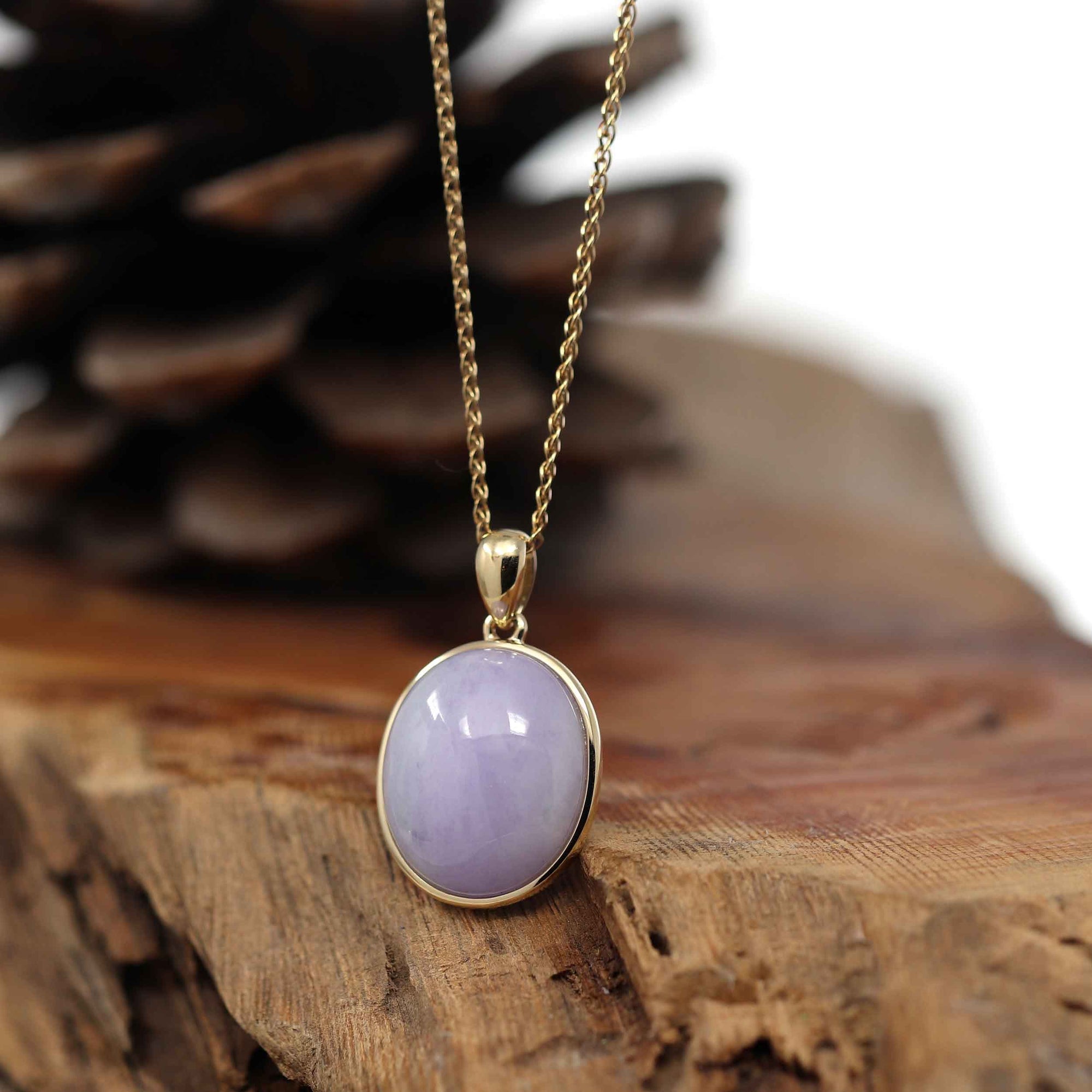 Baikalla Jewelry Lavender Jadeite Necklace 14K Gold Natural Lavender Burmese Jadeite Cabochon Necklace