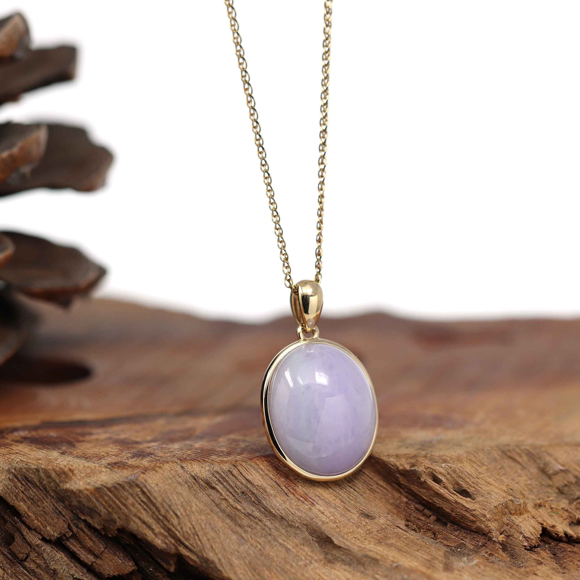 Baikalla Jewelry Lavender Jadeite Necklace 14K Gold Natural Lavender Burmese Jadeite Cabochon Necklace