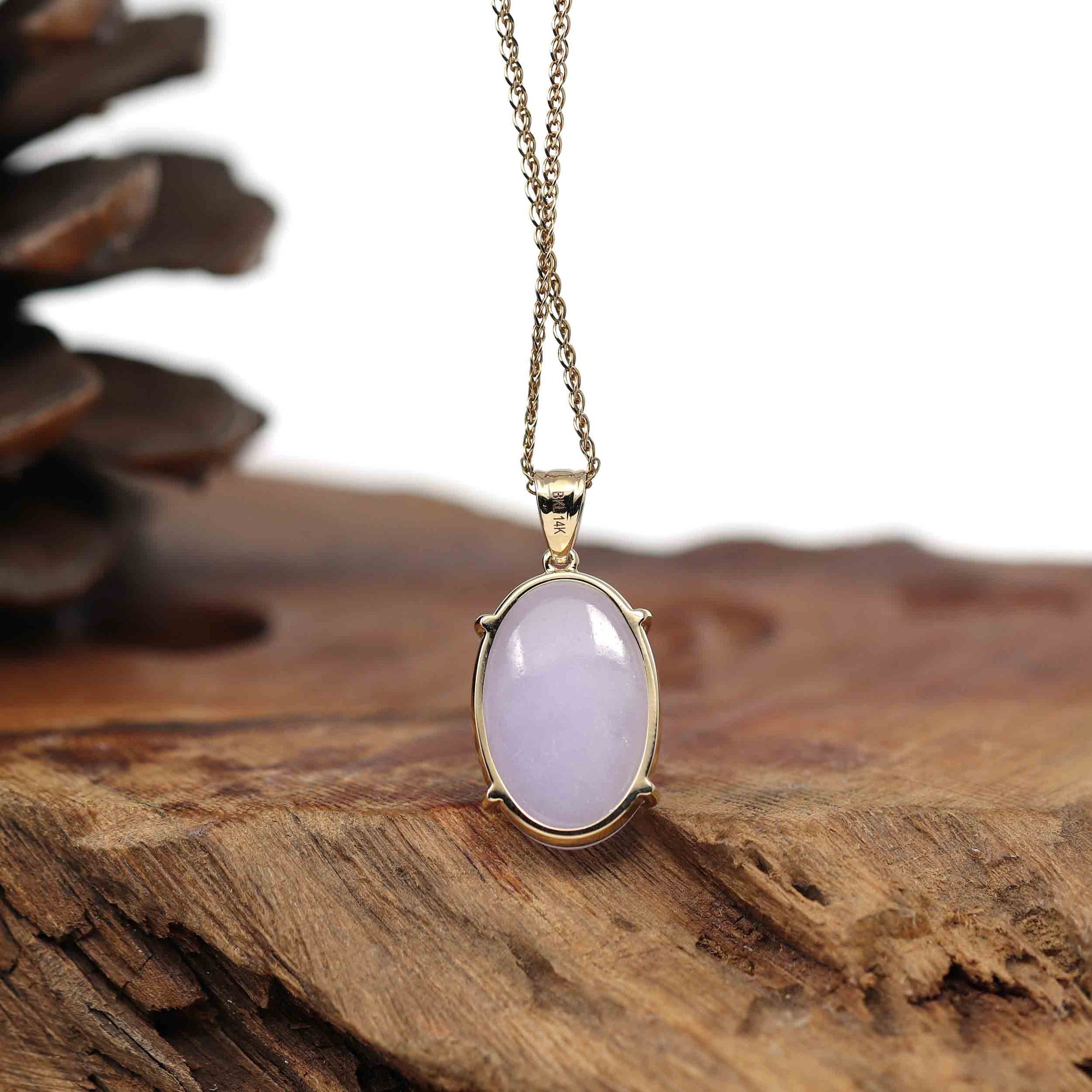 Baikalla Jewelry Lavender Jadeite Necklace 14K Gold Natural Lavender Burmese Jadeite Cabochon Necklace