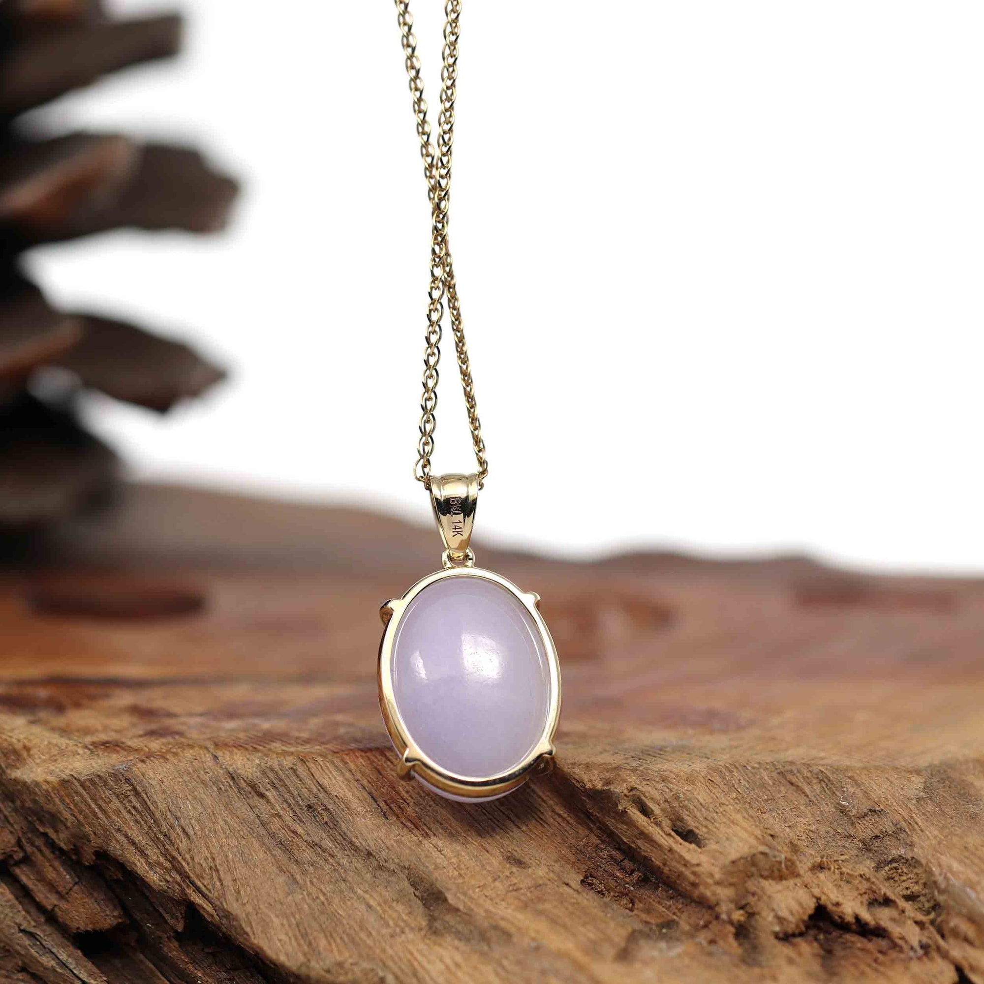 Baikalla Jewelry Lavender Jadeite Necklace 14K Gold Natural Lavender Burmese Jadeite Cabochon Necklace