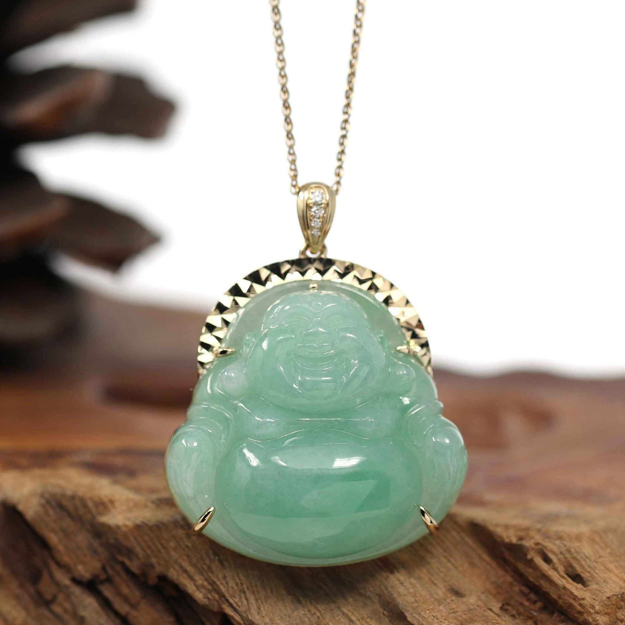 Baikalla Jewelry Gold Jade Buddha Baikalla "Laughing Buddha" 14k Gold Genuine Green Jadeite Jade with VS1 Diamonds