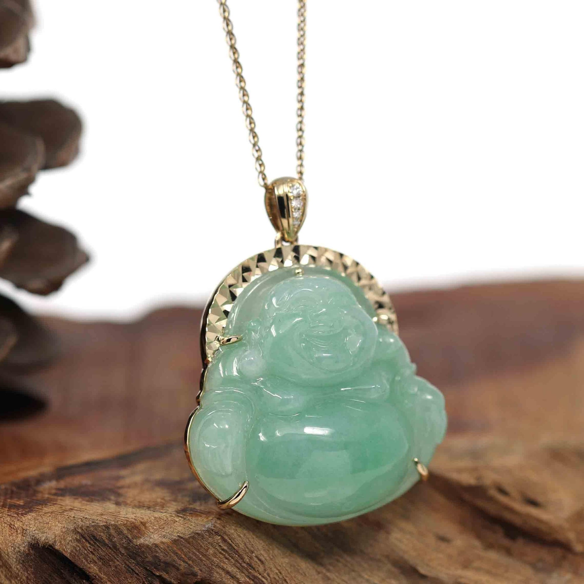 Baikalla Jewelry Gold Jade Buddha Copy of Baikalla "Laughing Buddha" 14k Gold Genuine Green Jadeite Jade with VS1 Diamonds