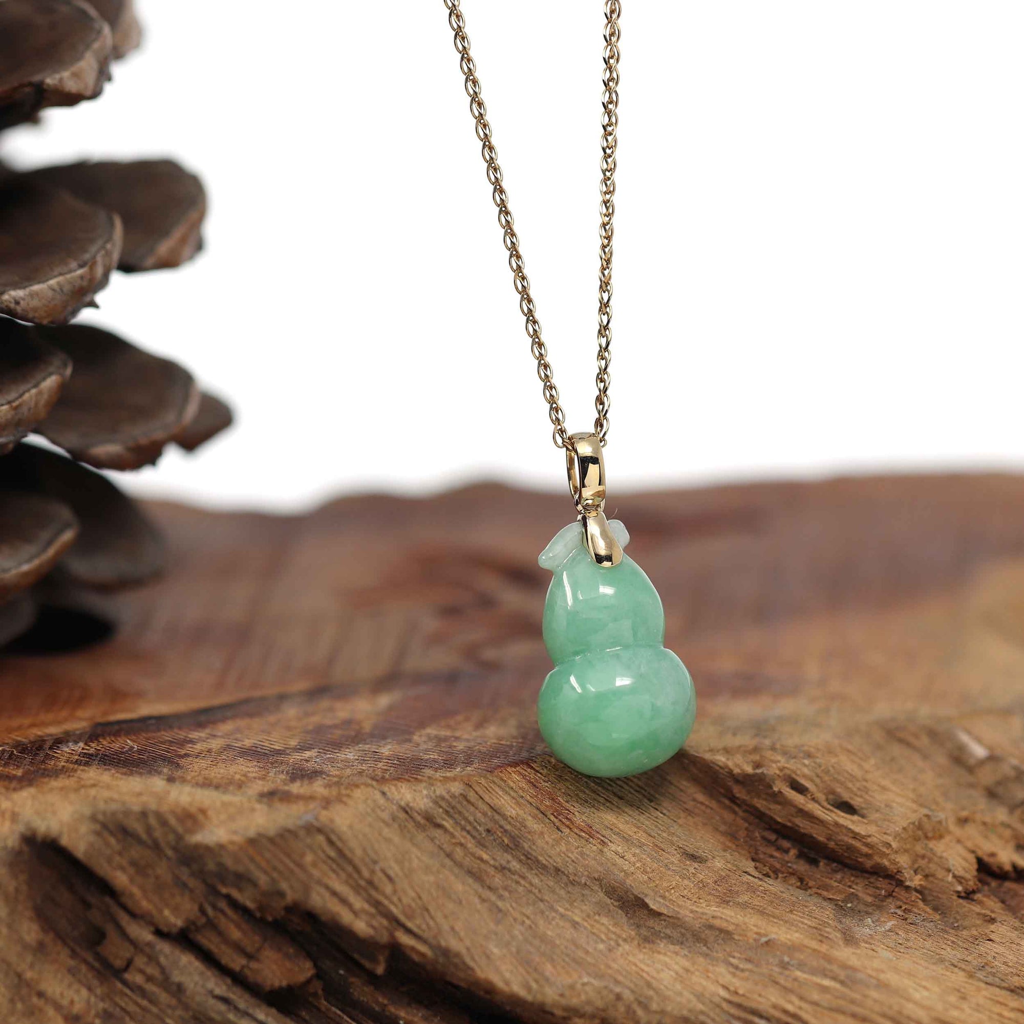 Baikalla Jewelry Jade Pendant 14K Yellow Gold Jadeite Jade Good Luck Hulu Bottle Gourd Necklace