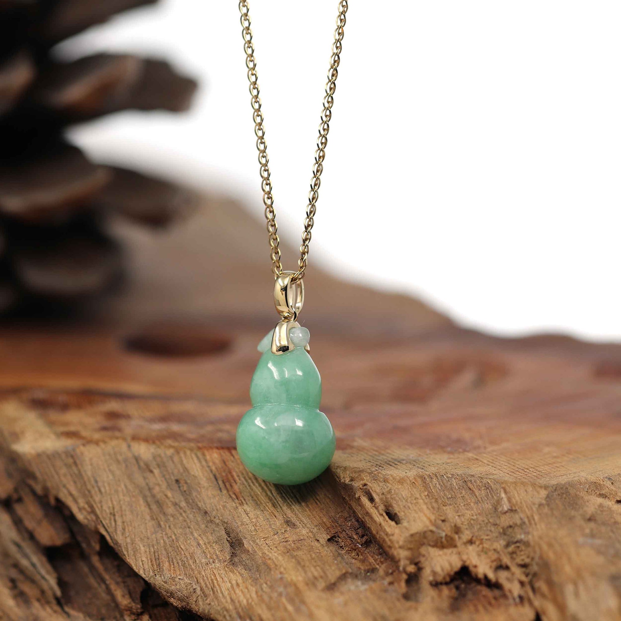 Baikalla Jewelry Jade Pendant 14K Yellow Gold Jadeite Jade Good Luck Hulu Bottle Gourd Necklace