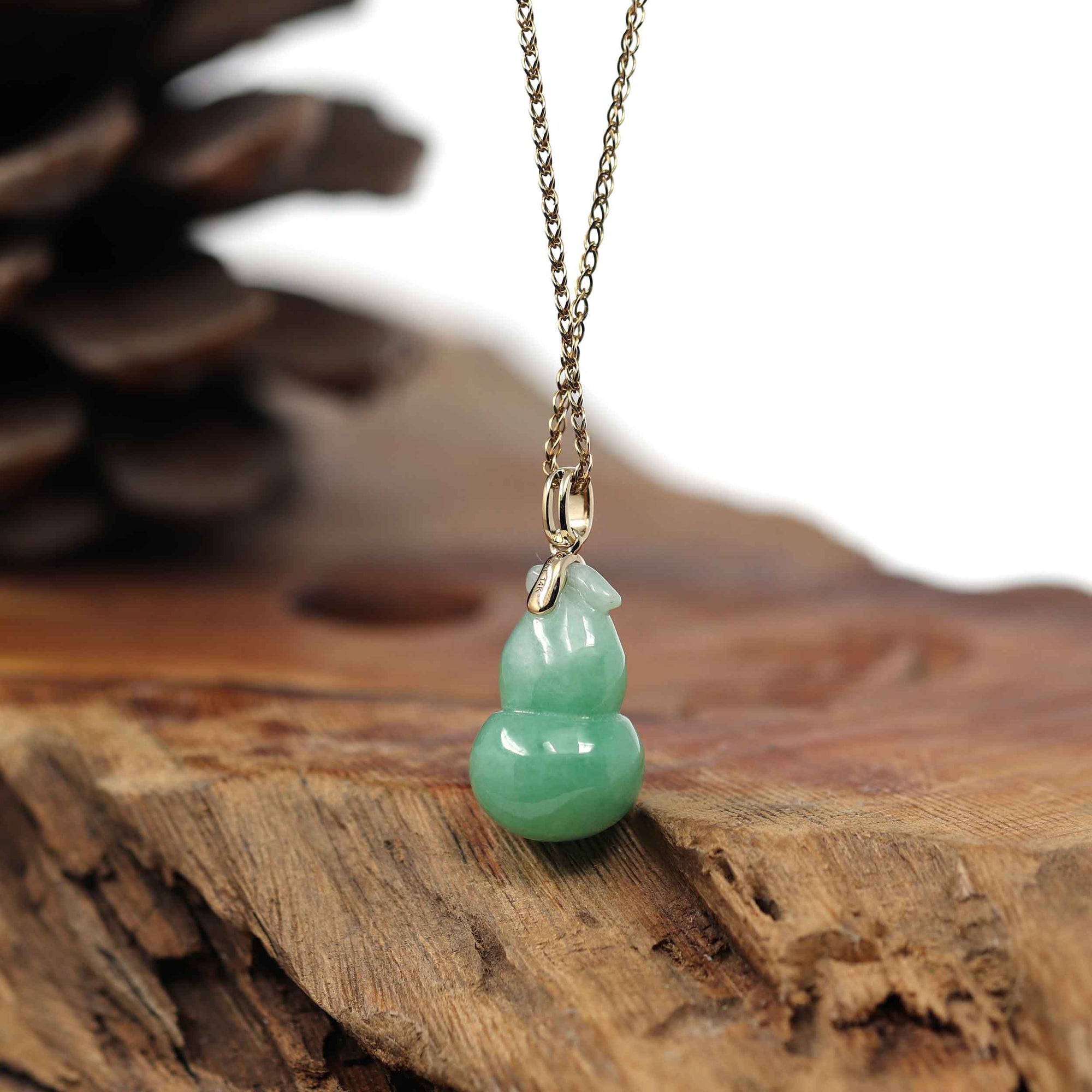 Baikalla Jewelry Jade Pendant 14K Yellow Gold Jadeite Jade Good Luck Hulu Bottle Gourd Necklace