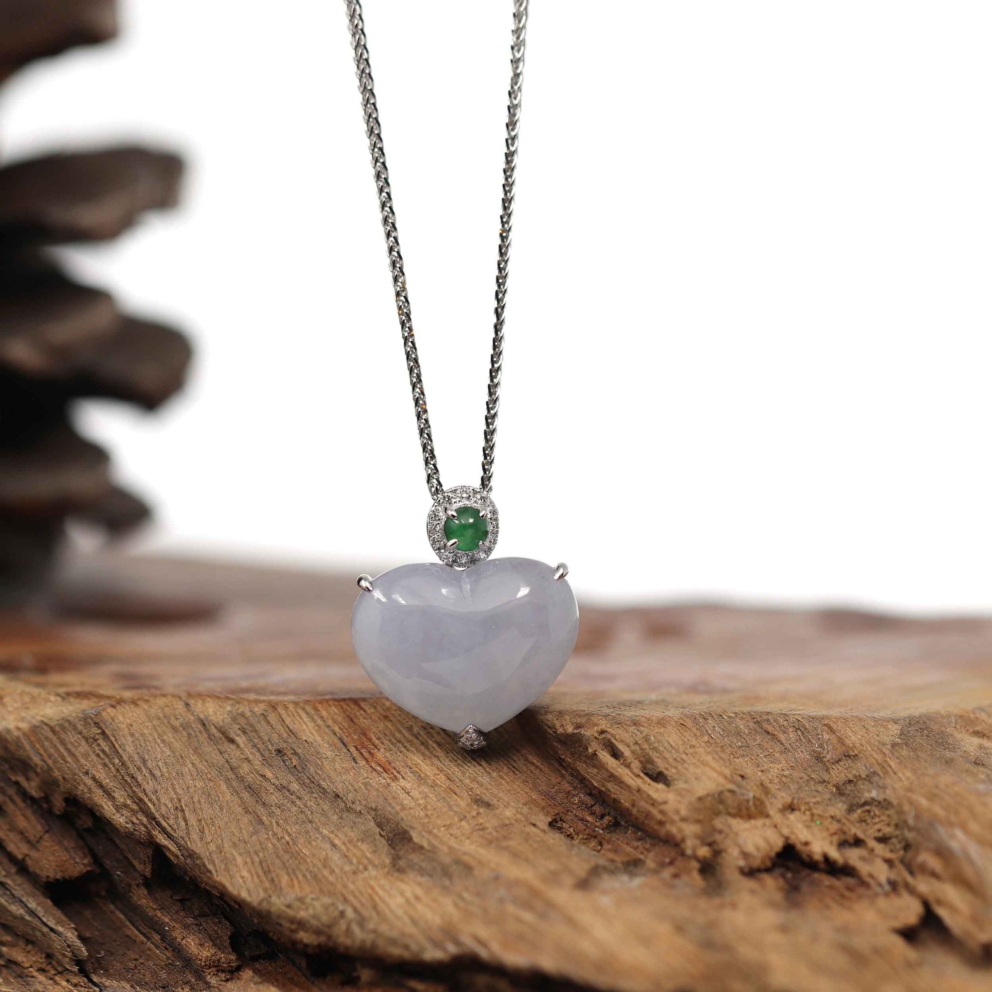 Baikalla Jewelry 18k Gold Jadeite Necklace Baikalla 14K Gold Genuine Burmese Lavender Jadeite Jade Heart Pendant with VS1 Diamonds