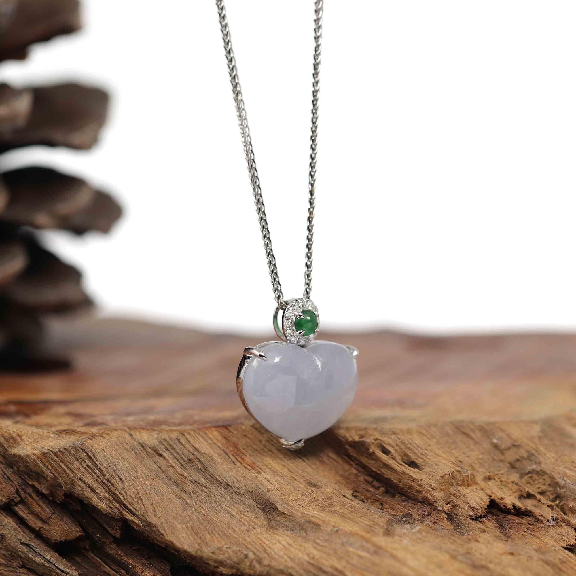 Baikalla Jewelry 18k Gold Jadeite Necklace Baikalla 14K Gold Genuine Burmese Lavender Jadeite Jade Heart Pendant with VS1 Diamonds