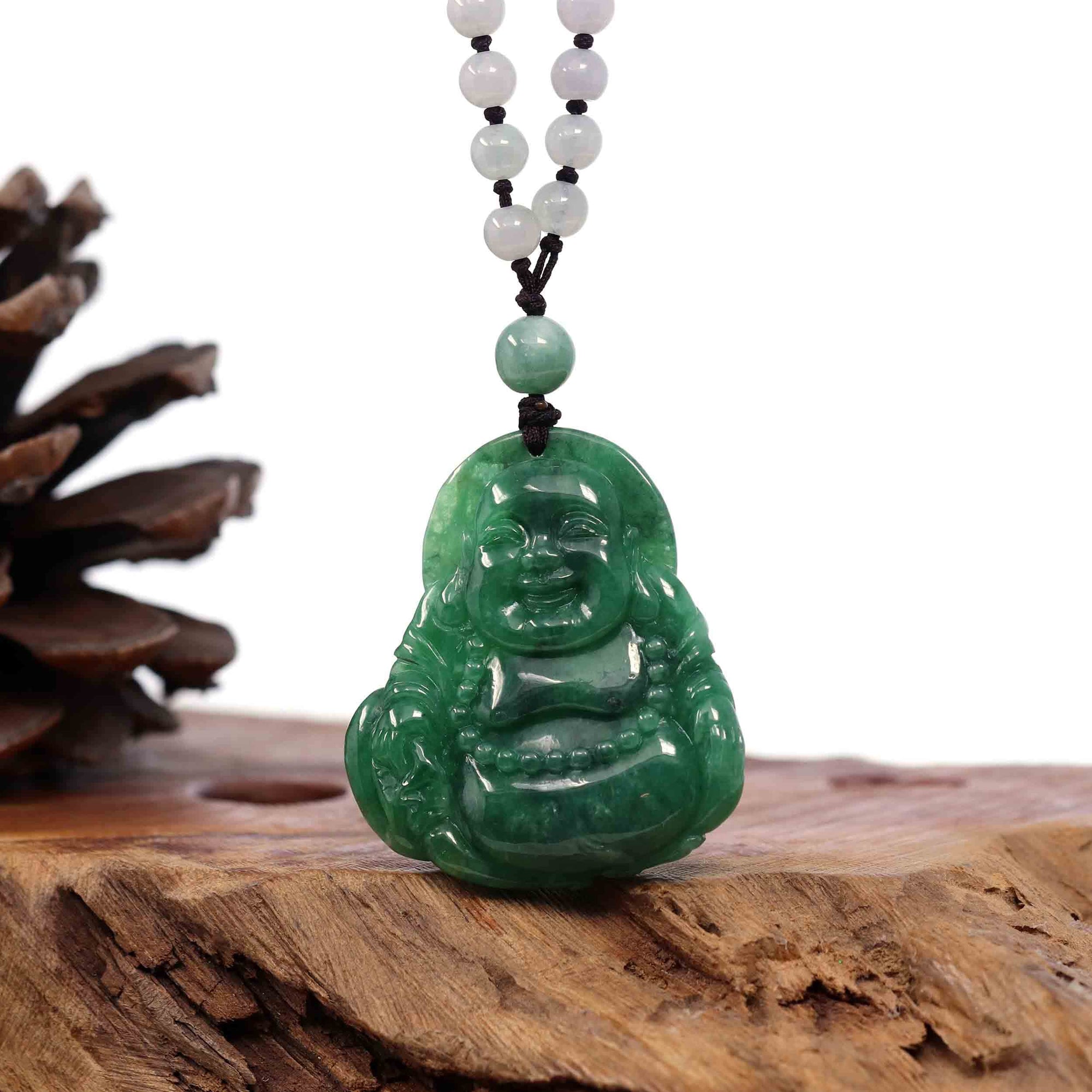 Baikalla Jewelry Jade Guanyin Pendant Necklace Baikalla "Goddess of Compassion" Genuine Burmese Jadeite Jade Happy Buddha Pendant