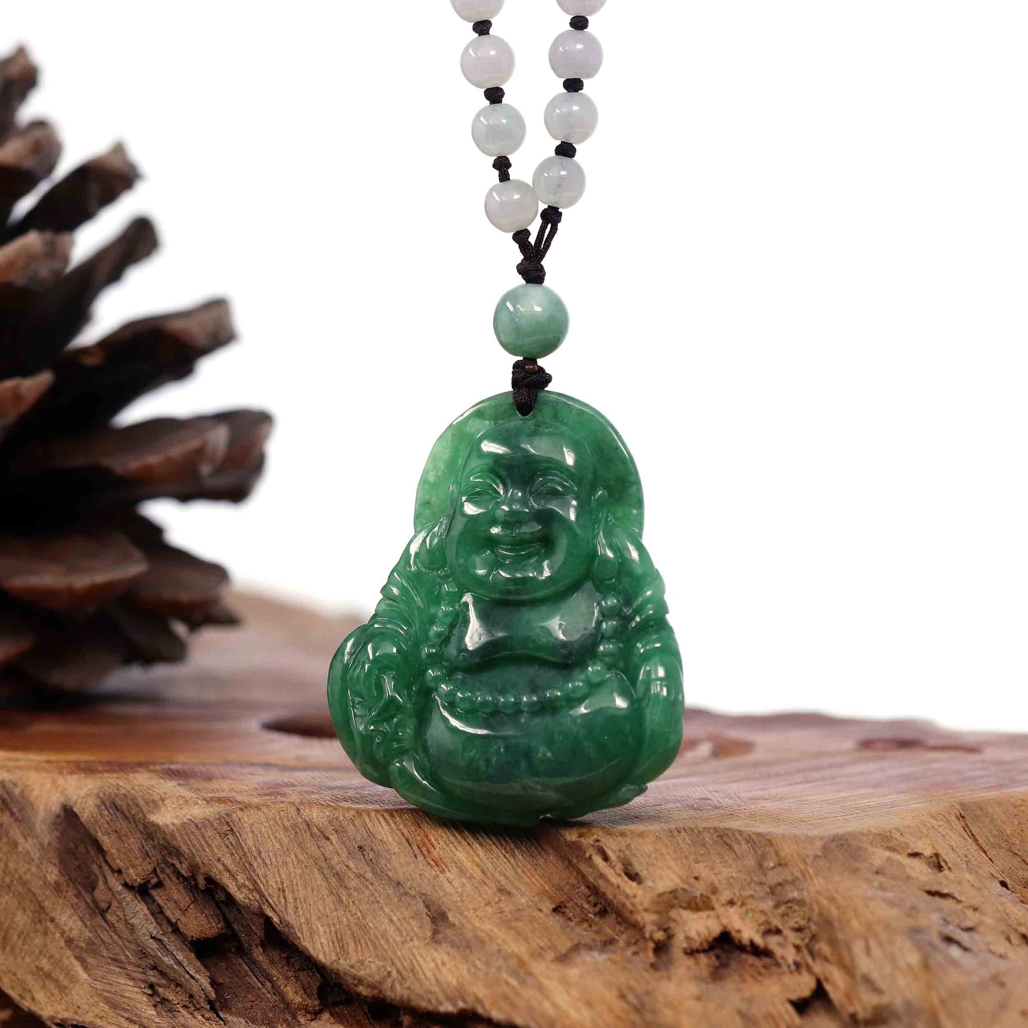 Baikalla Jewelry Jade Guanyin Pendant Necklace Baikalla "Goddess of Compassion" Genuine Burmese Jadeite Jade Happy Buddha Pendant