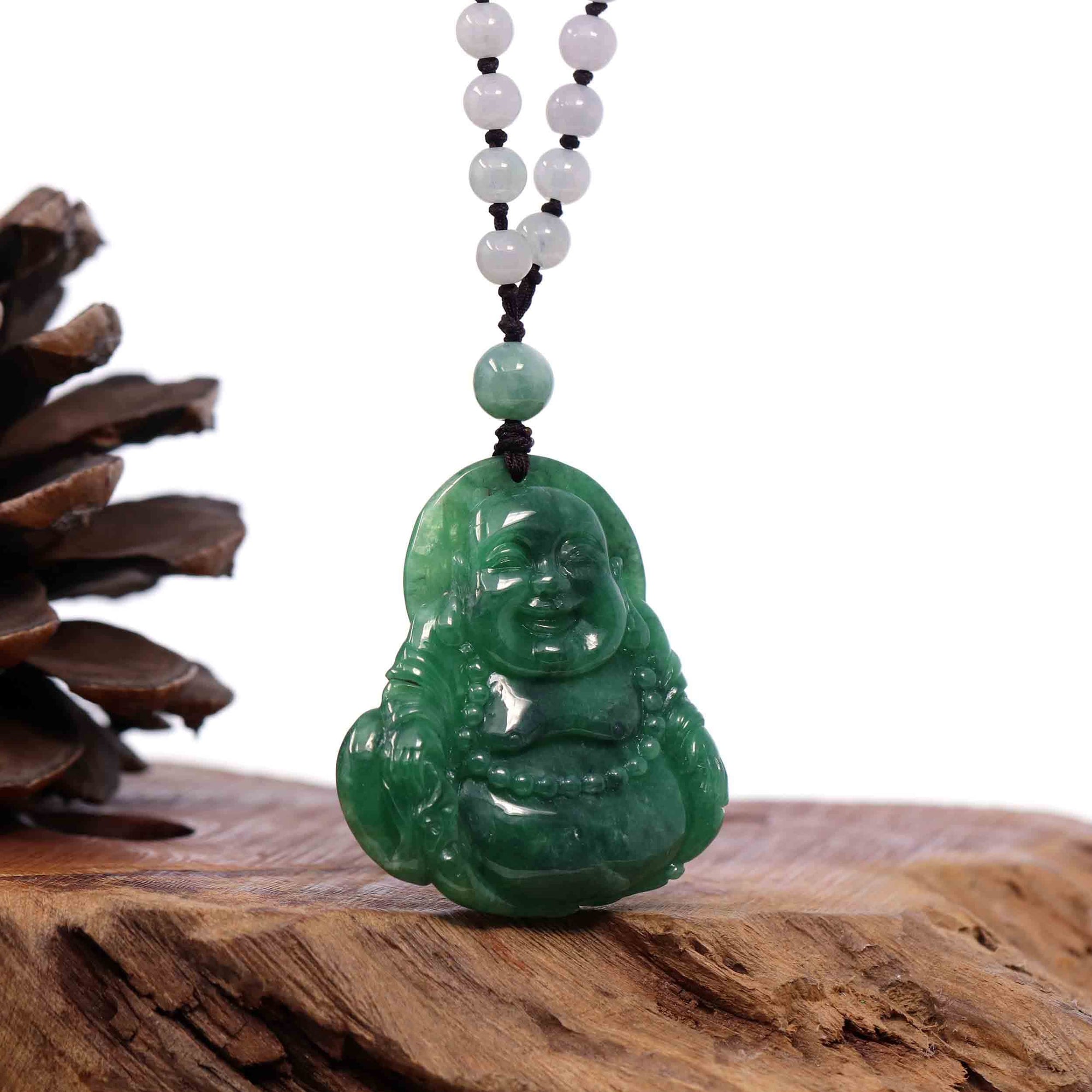 Baikalla Jewelry Jade Guanyin Pendant Necklace Baikalla &quot;Goddess of Compassion&quot; Genuine Burmese Jadeite Jade Happy Buddha Pendant