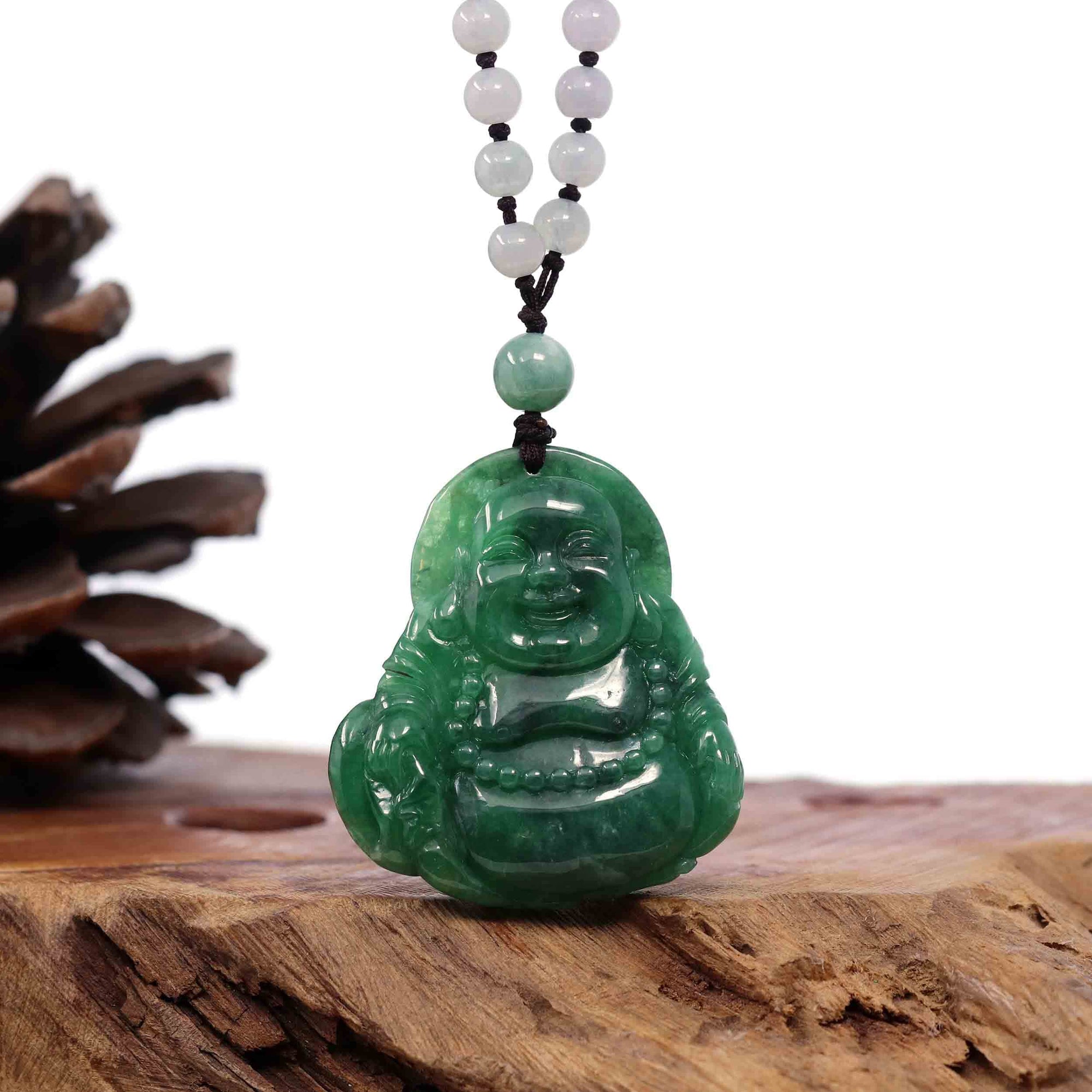 Baikalla Jewelry Jade Guanyin Pendant Necklace Baikalla &quot;Goddess of Compassion&quot; Genuine Burmese Jadeite Jade Happy Buddha Pendant