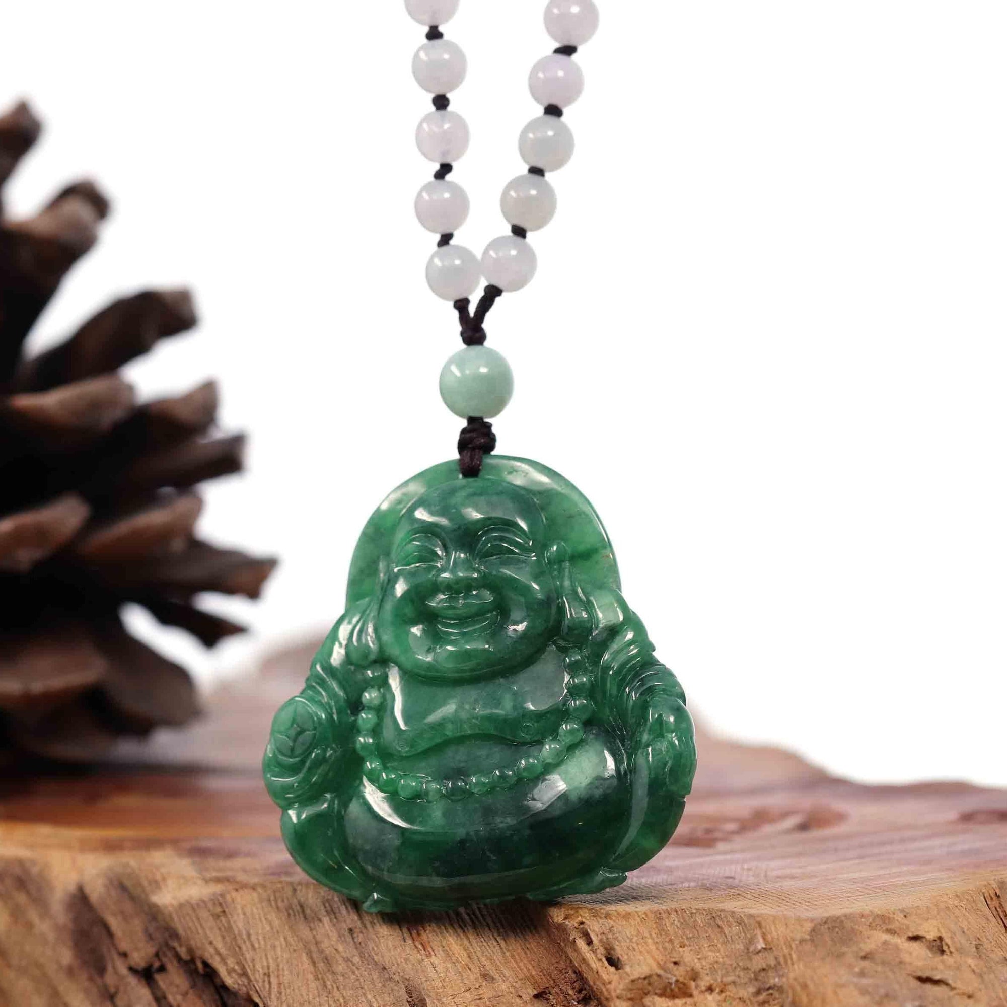 Baikalla Jewelry Jade Guanyin Pendant Necklace Baikalla "Goddess of Compassion" Genuine Burmese Jadeite Jade Happy Buddha Pendant