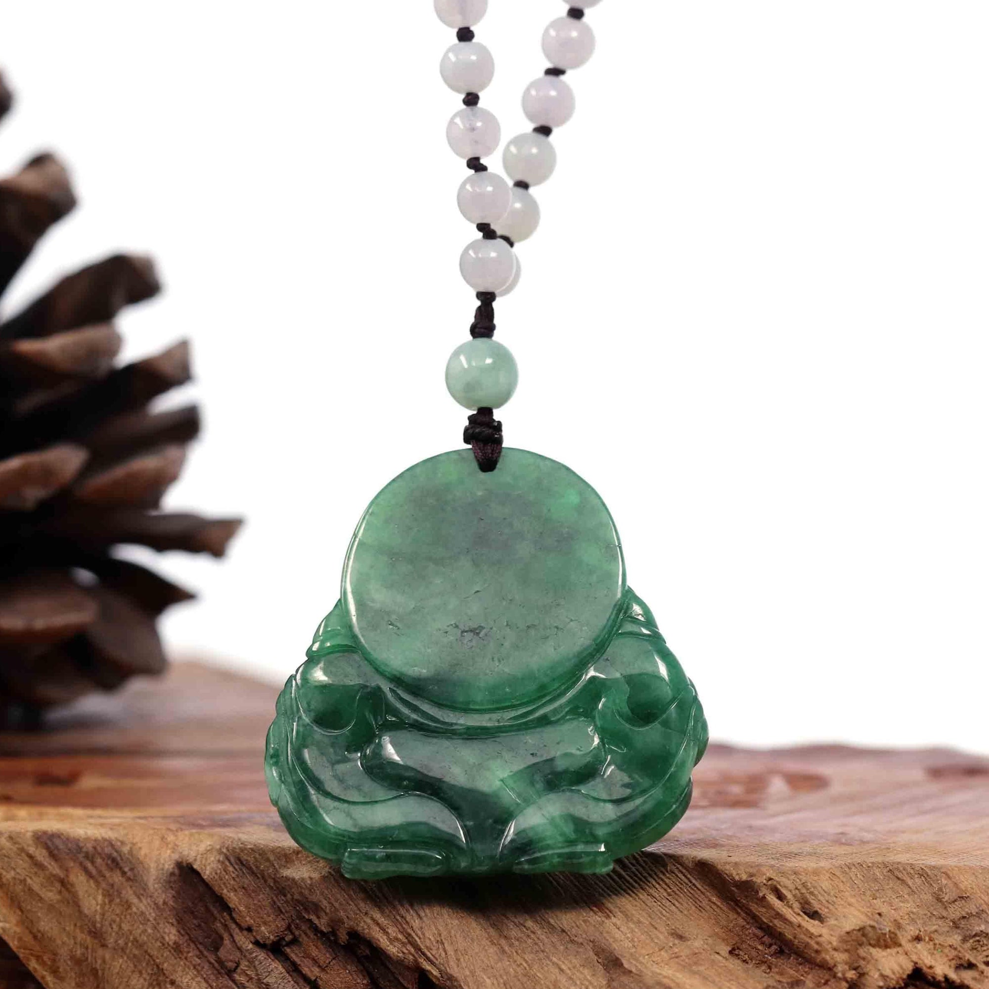 Baikalla Jewelry Jade Guanyin Pendant Necklace Baikalla "Goddess of Compassion" Genuine Burmese Jadeite Jade Happy Buddha Pendant