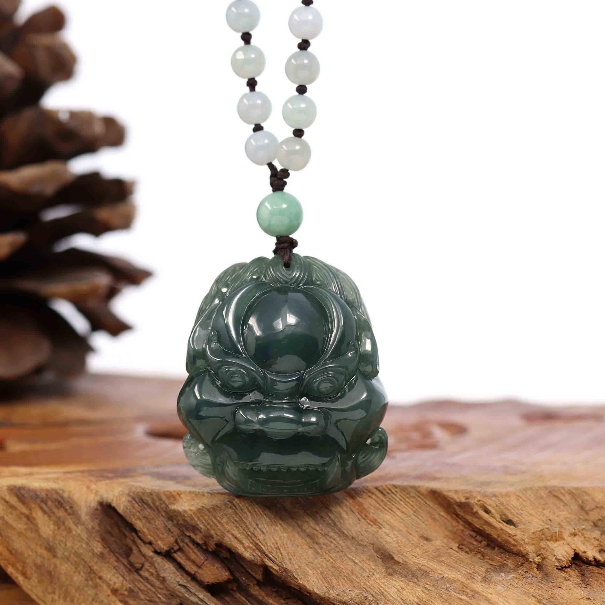 Baikalla Jewelry Jade Carving Necklace Baikalla™ "Fu Dog" (Guardian Lion) Natural Blue Green Jadeite Jade Necklace Collectibles