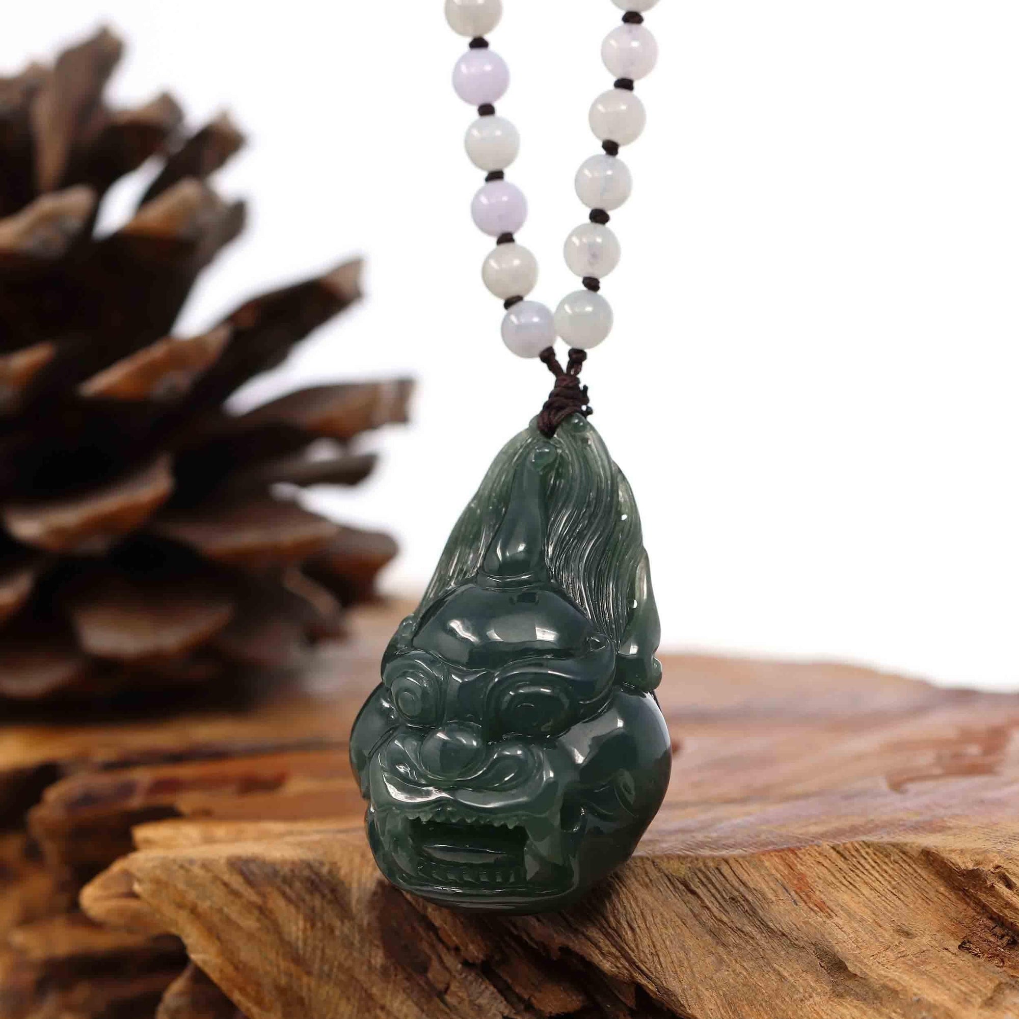 Baikalla Jewelry Jade Carving Necklace Baikalla™ "Fu Dog" (Guardian Lion) Natural Blue Green Jadeite Jade Necklace Collectibles