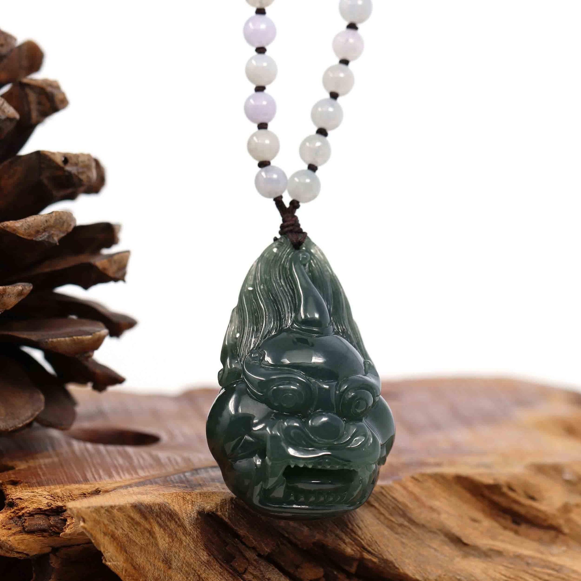 Baikalla Jewelry Jade Carving Necklace Baikalla™ "Fu Dog" (Guardian Lion) Natural Blue Green Jadeite Jade Necklace Collectibles