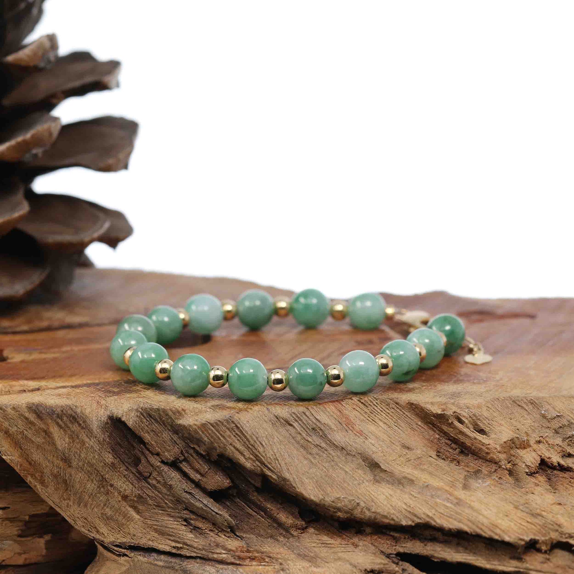 Baikalla Jewelry jade beads bracelet Sterling Silver Gold Plated Genuine Green Jadeite Jade Bead Bracelet ( 7 mm )