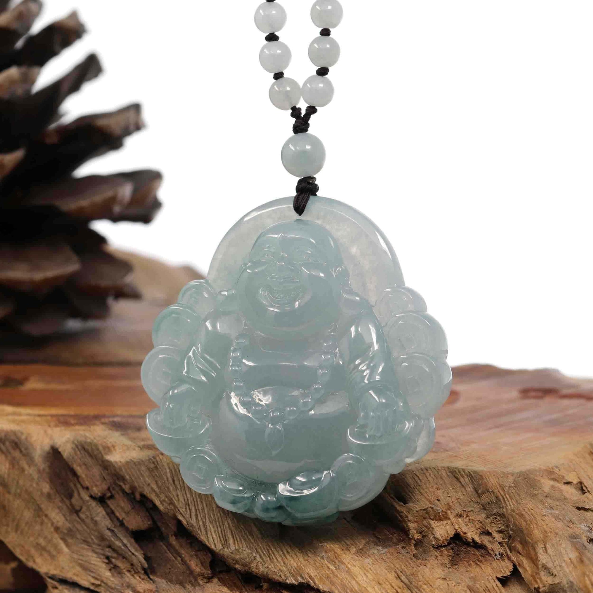 Baikalla Jewelry Gold Jadeite Jade Pendant Necklace Natural Burmese Jadeite Jade Happy Buddha