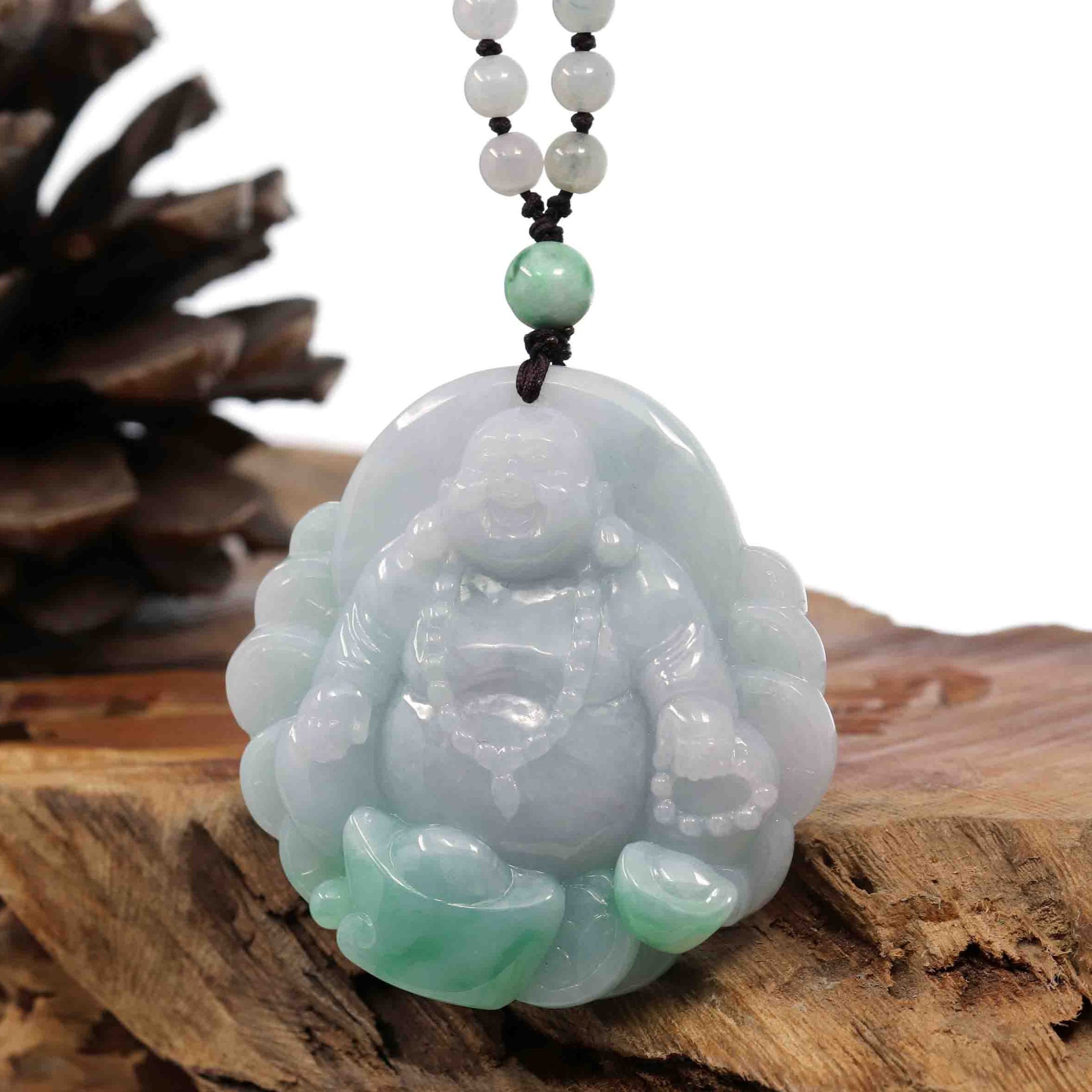 Baikalla Jewelry Gold Jadeite Jade Pendant Necklace Natural Burmese Jadeite Jade Happy Buddha