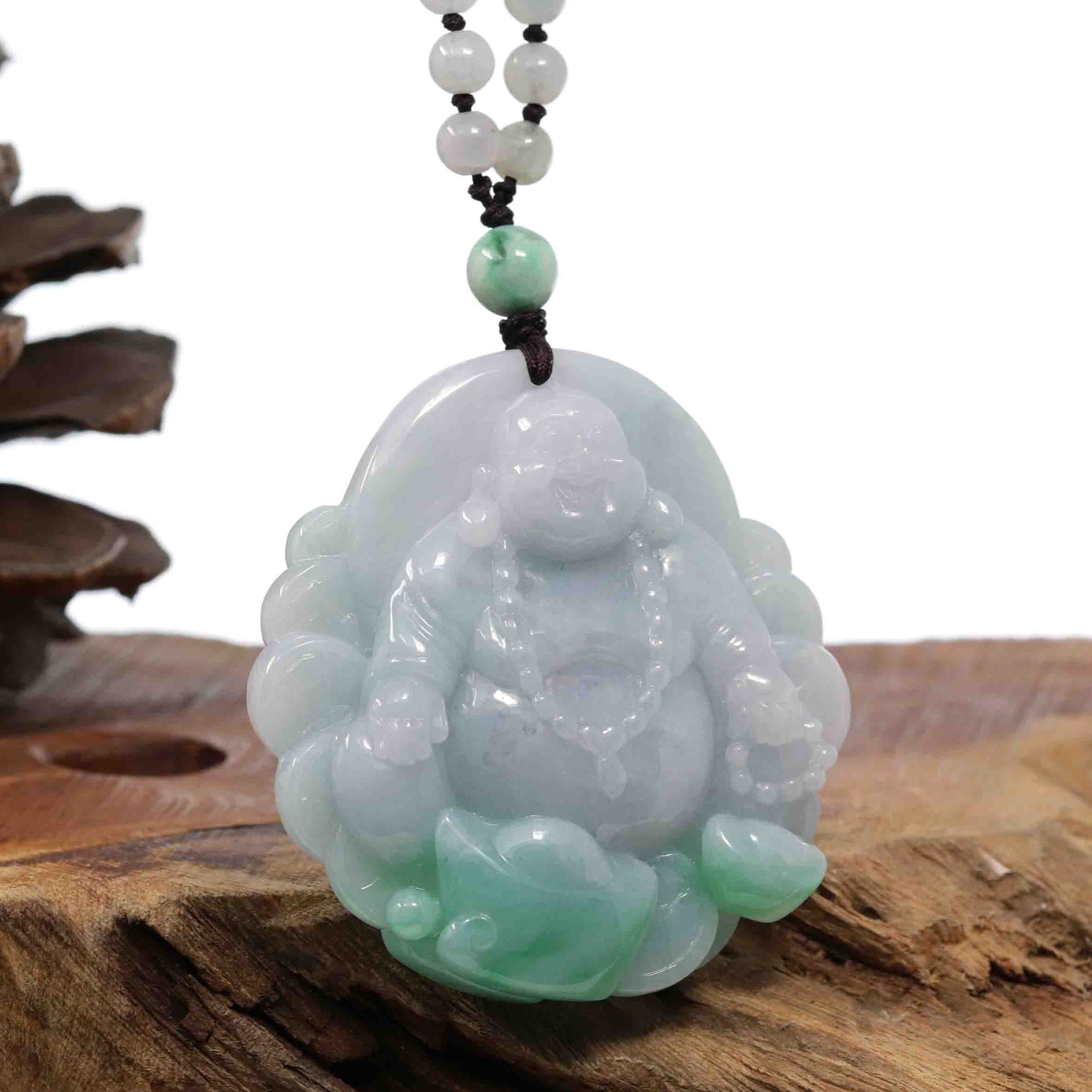 Baikalla Jewelry Gold Jadeite Jade Pendant Necklace Natural Burmese Jadeite Jade Happy Buddha