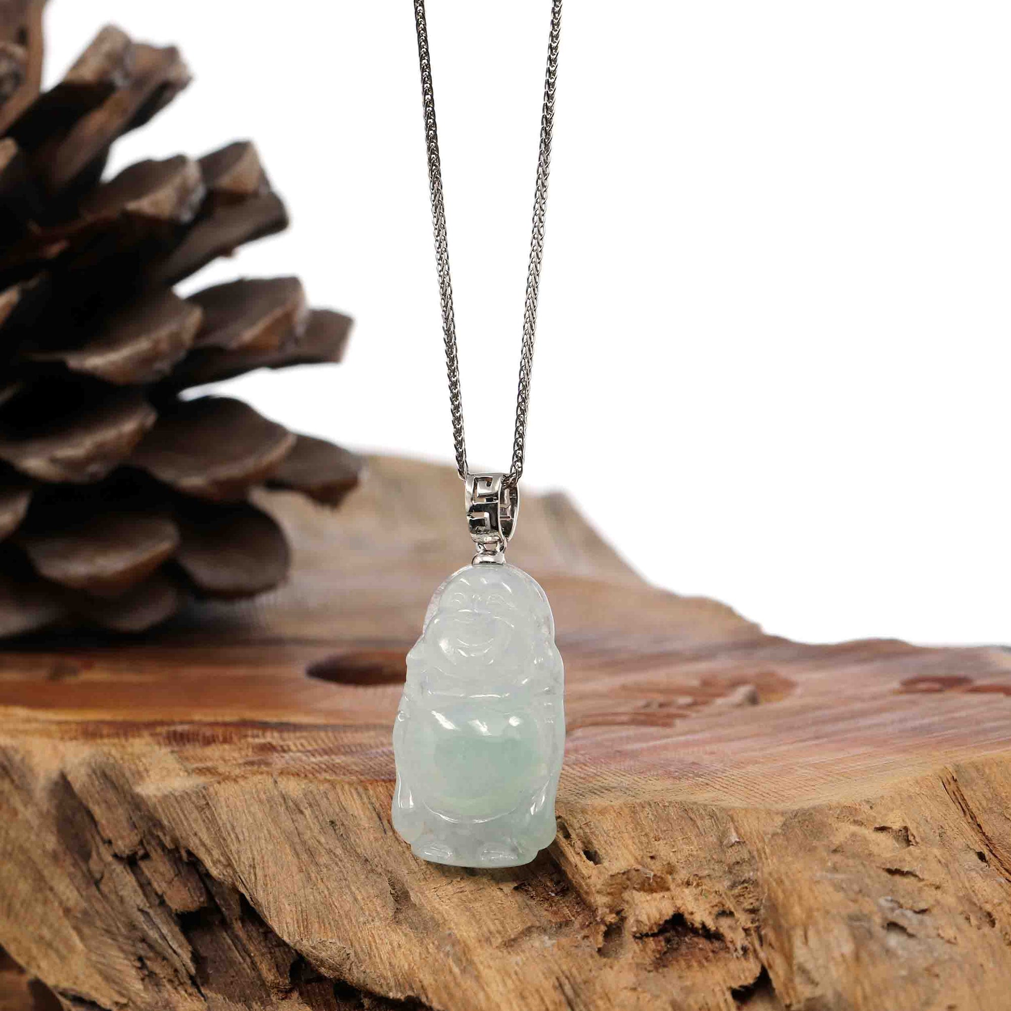 Baikalla Jewelry Jade Buddha Pendant Sterling Silver "Laughing Buddha" Genuine Green Jadeite Buddha Pendant Necklace