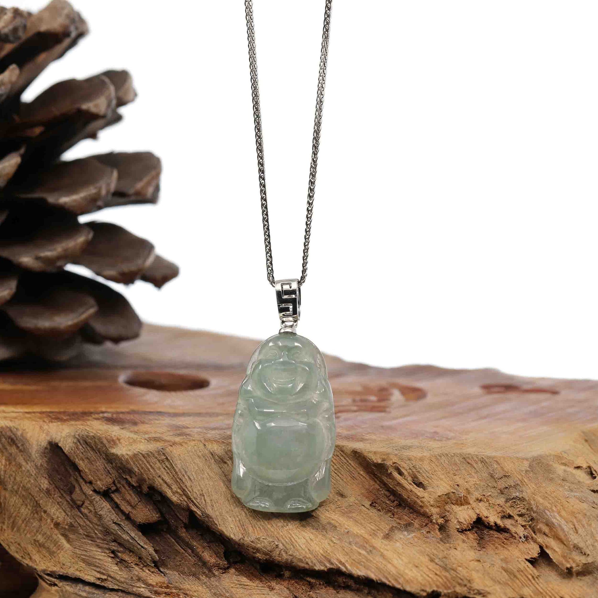 Baikalla Jewelry Jade Buddha Pendant Sterling Silver "Laughing Buddha" Genuine Green Jadeite Buddha Pendant Necklace