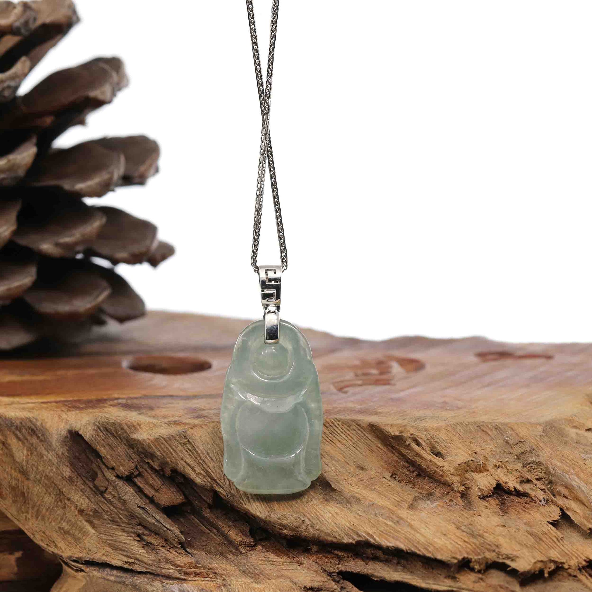 Baikalla Jewelry Jade Buddha Pendant Sterling Silver "Laughing Buddha" Genuine Green Jadeite Buddha Pendant Necklace