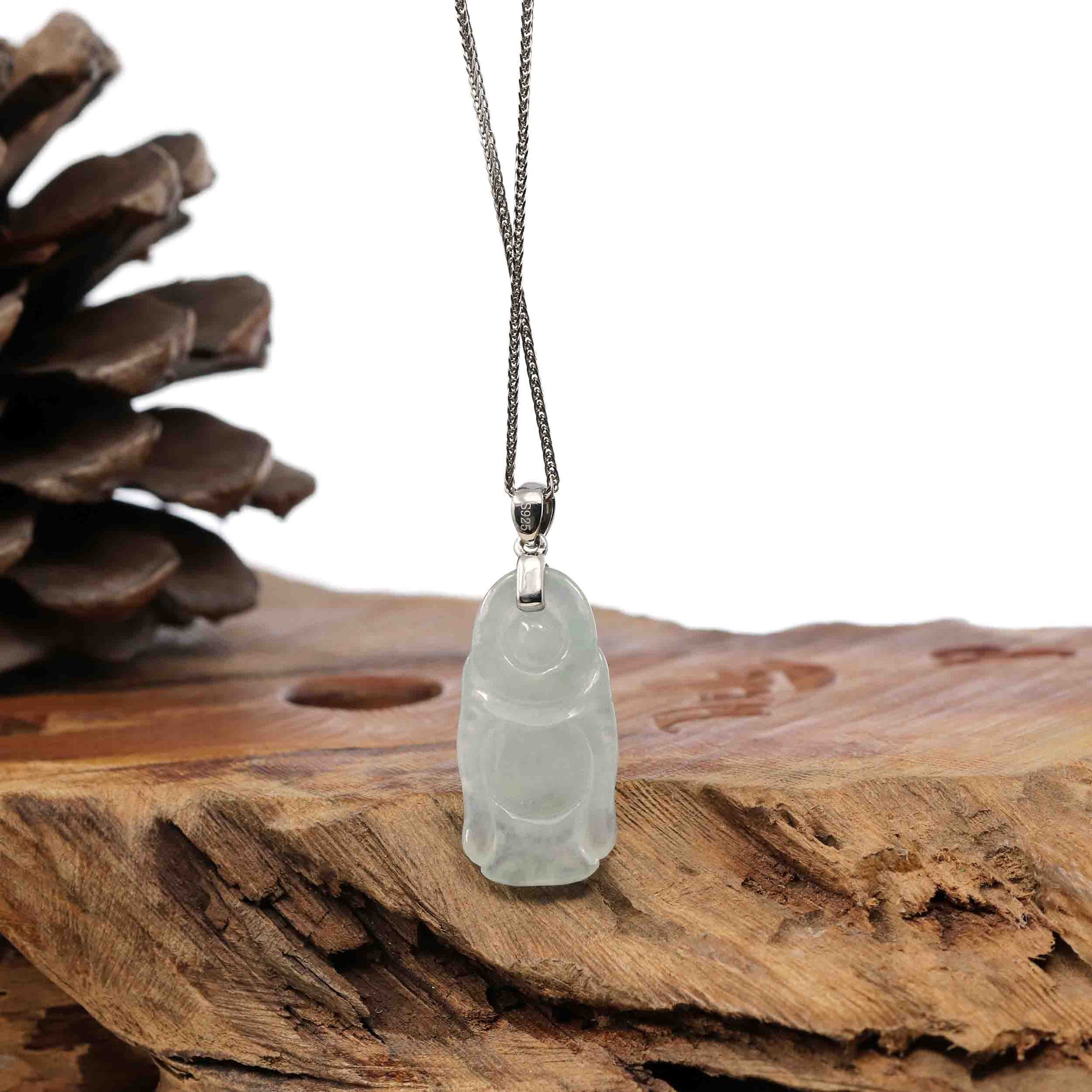 Baikalla Jewelry Jade Buddha Pendant Sterling Silver "Laughing Buddha" Genuine Green Jadeite Buddha Pendant Necklace