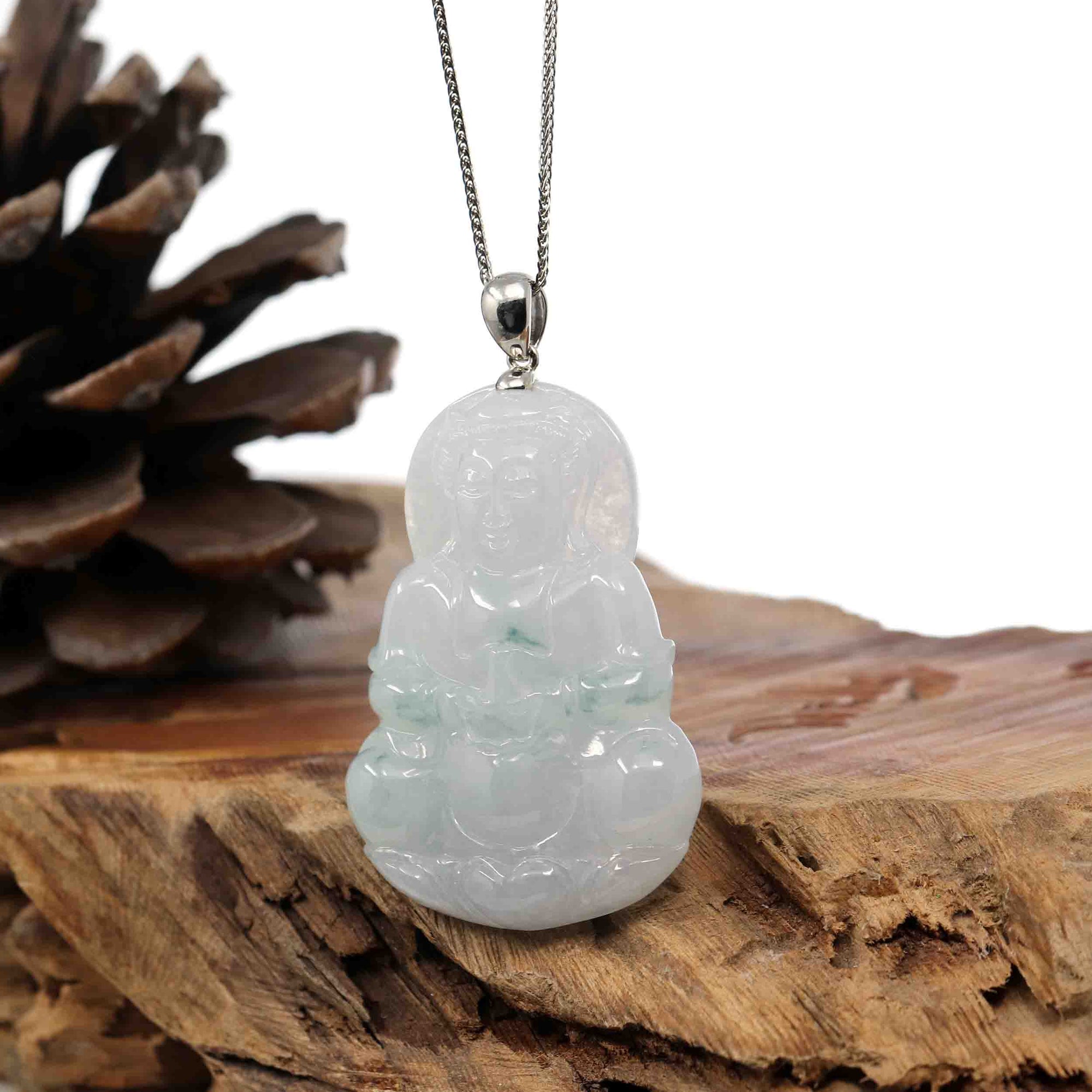 Baikalla Jewelry Jade Guanyin Pendant Necklace Copy of "Goddess of Compassion" 14k Yellow Gold Genuine Burmese Jadeite Jade Guanyin Necklace With Good Luck Design