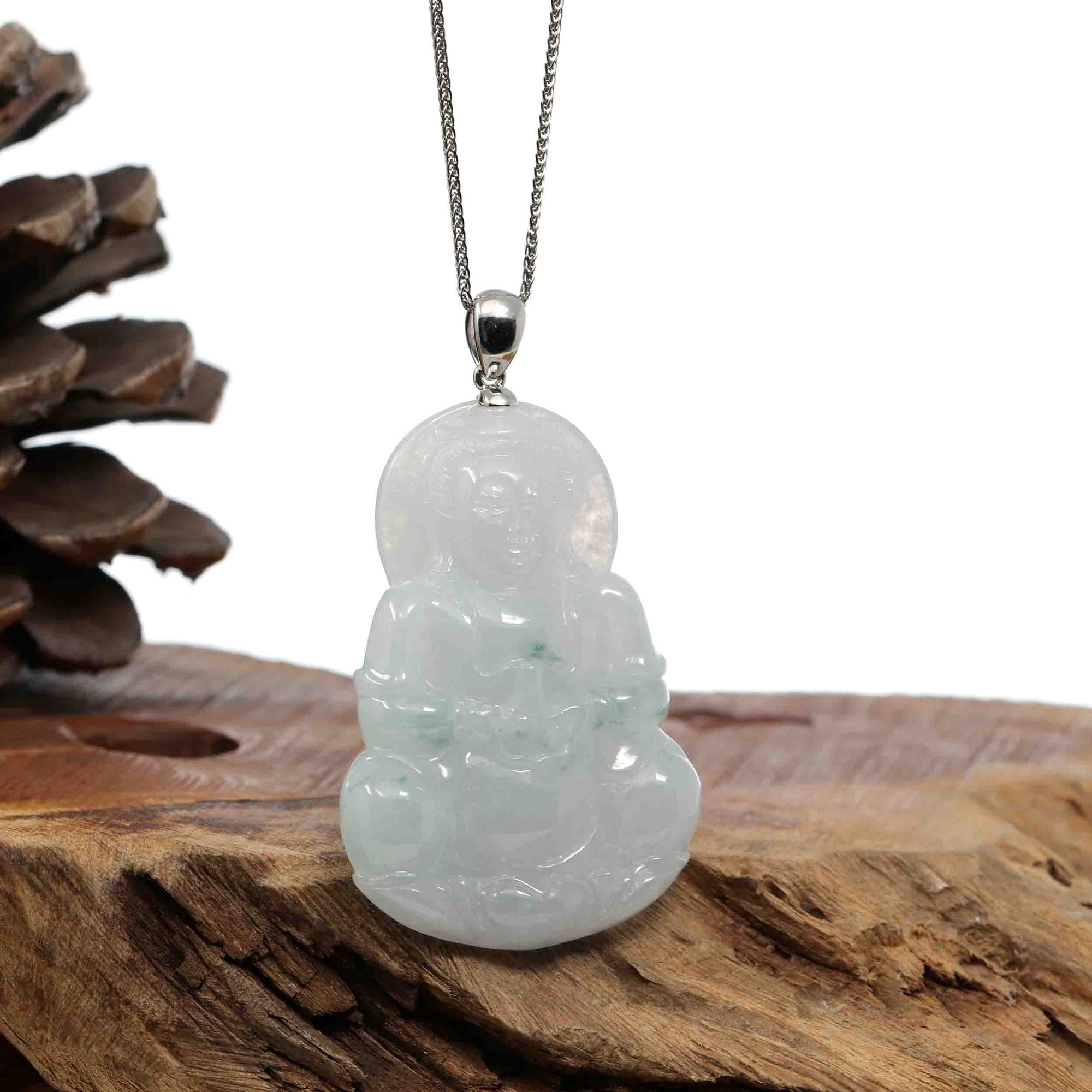 Baikalla Jewelry Jade Guanyin Pendant Necklace Copy of "Goddess of Compassion" 14k Yellow Gold Genuine Burmese Jadeite Jade Guanyin Necklace With Good Luck Design