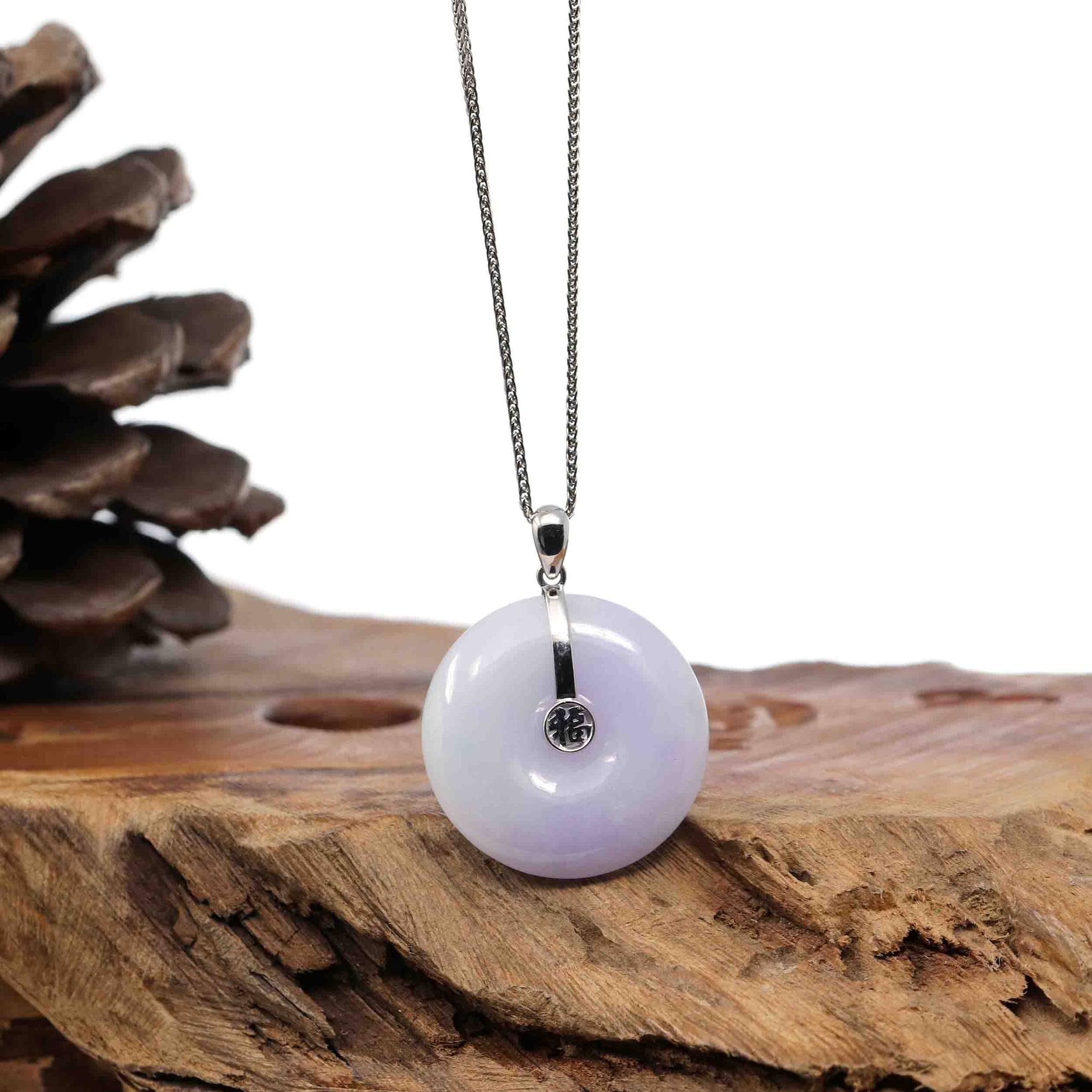 Baikalla Jewelry Gold Jadeite Jade Pendant Necklace &quot;Good Luck Button&quot; Lavender Jadeite Jade Lucky KouKou Pendant With 14K White Gold Bail