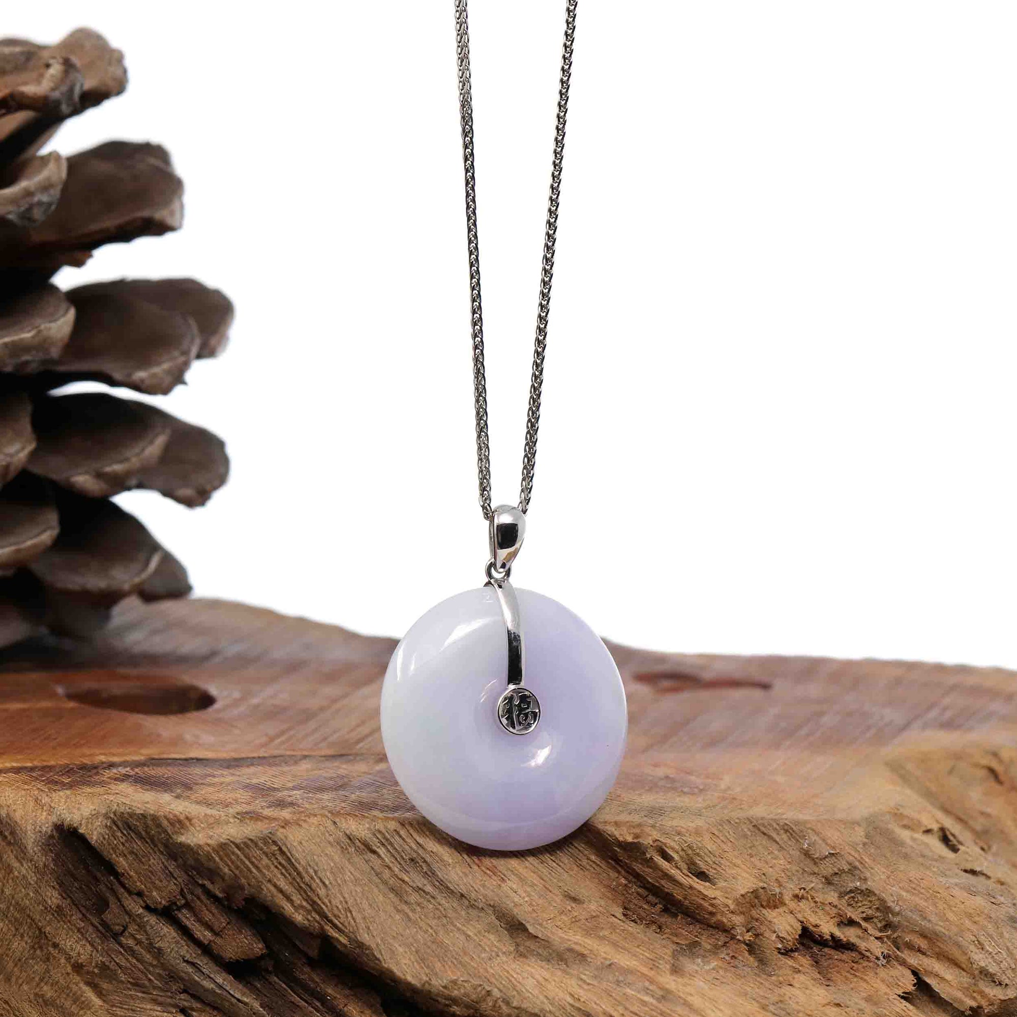 Baikalla Jewelry Gold Jadeite Jade Pendant Necklace "Good Luck Button" Lavender Jadeite Jade Lucky KouKou Pendant With 14K White Gold Bail