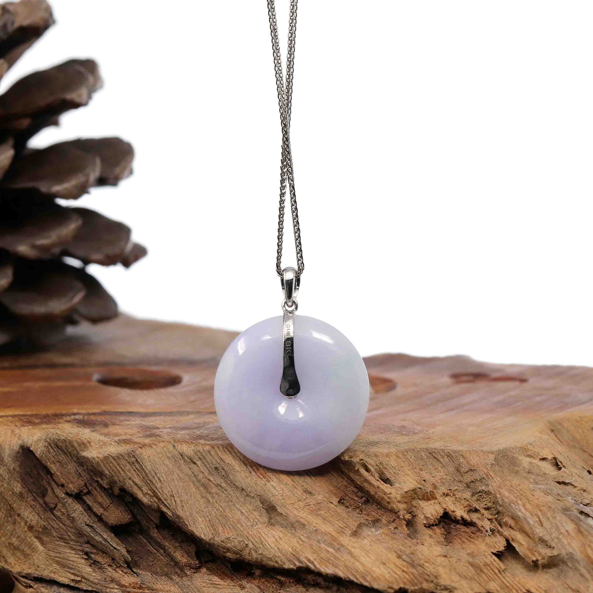 Baikalla Jewelry Gold Jadeite Jade Pendant Necklace &quot;Good Luck Button&quot; Lavender Jadeite Jade Lucky KouKou Pendant With 14K White Gold Bail