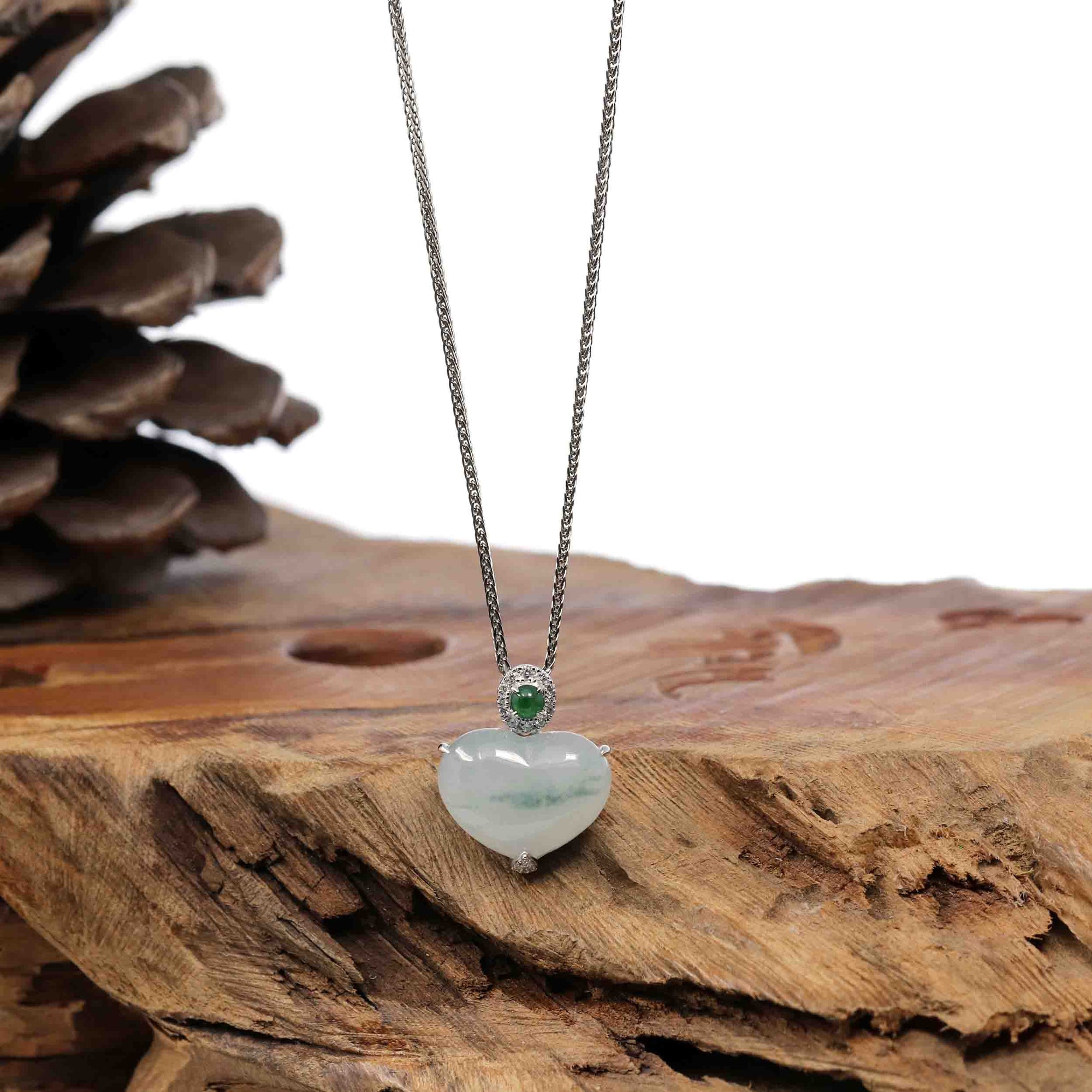 Baikalla Jewelry 18k Gold Jadeite Necklace Baikalla 14K Gold Genuine Burmese Jadeite Jade Heart Pendant with Diamonds