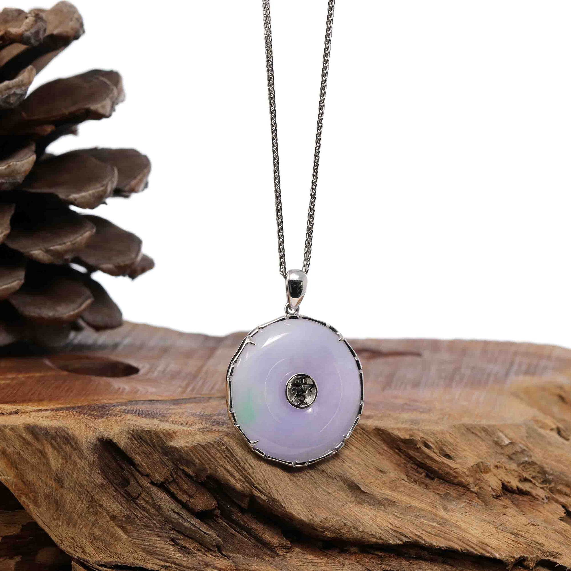 Baikalla Jewelry Gold Jadeite Jade Pendant Necklace &quot;Good Luck Button&quot; Lavender Jadeite Jade Lucky KouKou Pendant With 14K White Gold Diamond Bail