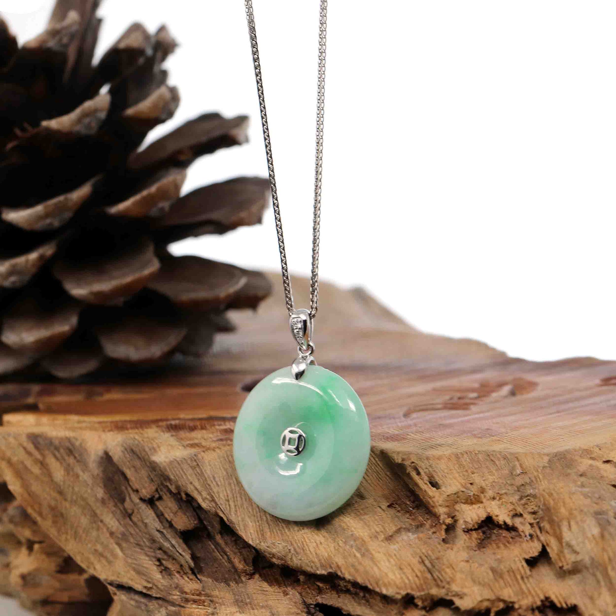 Baikalla Jewelry Gold Jadeite Jade Pendant Necklace Pendant Only "Good Luck Button" Jadeite Jade Lucky KouKou Pendant With 14K White Gold Bail