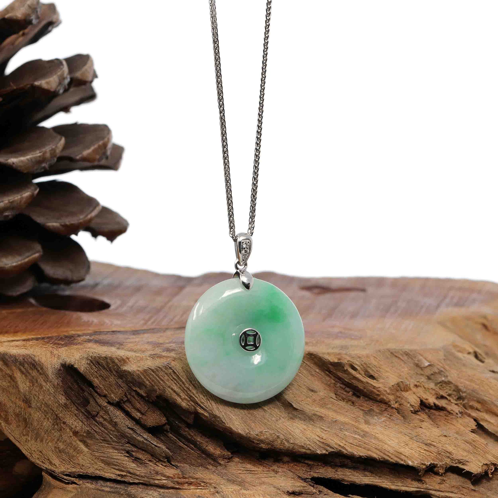 Baikalla Jewelry Gold Jadeite Jade Pendant Necklace "Good Luck Button" Jadeite Jade Lucky KouKou Pendant With 14K White Gold Bail