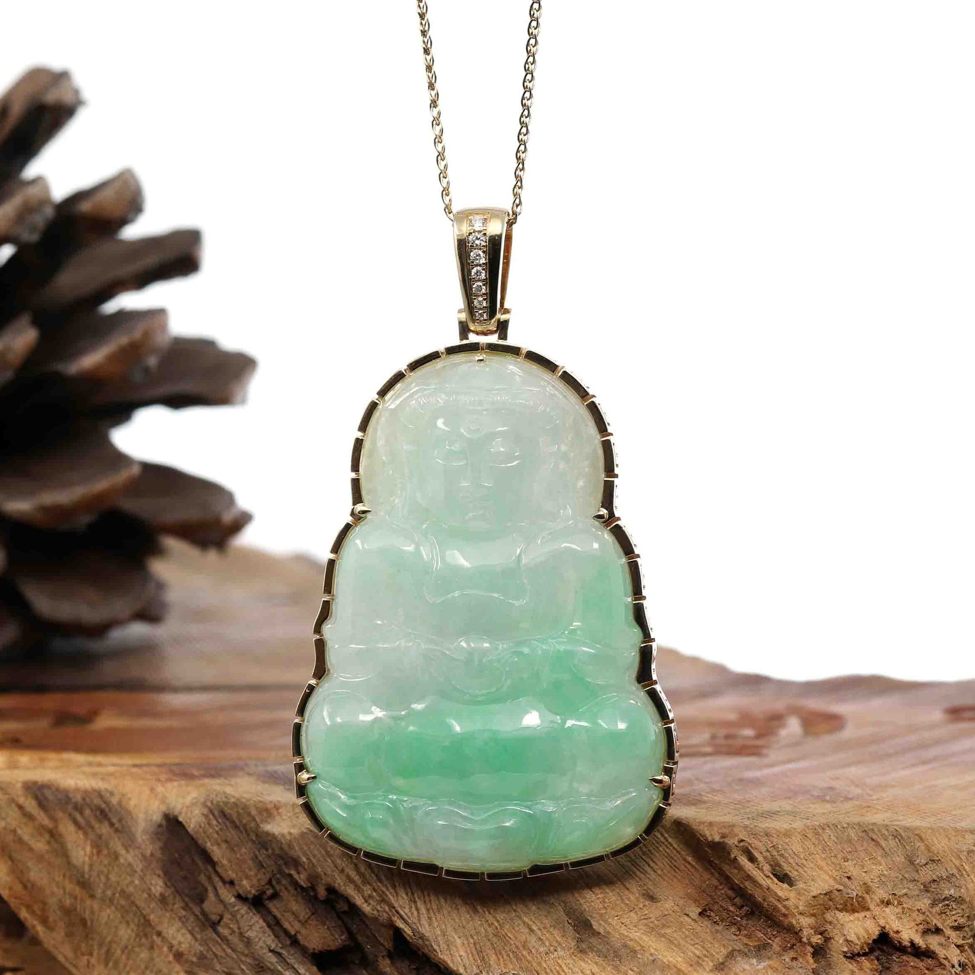 Baikalla Jewelry Jade Guanyin Pendant Necklace Copy of &quot;Goddess of Compassion&quot; 18k Yellow Gold Genuine Burmese Jadeite Jade Guanyin Necklace