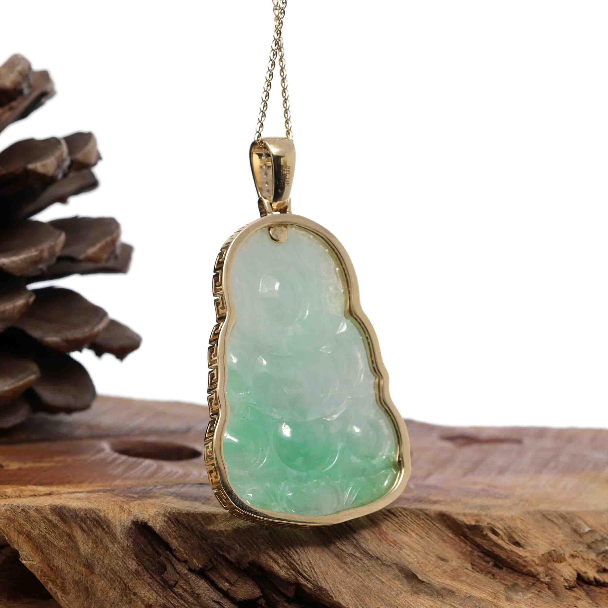 Baikalla Jewelry Jade Guanyin Pendant Necklace Copy of "Goddess of Compassion" 18k Yellow Gold Genuine Burmese Jadeite Jade Guanyin Necklace