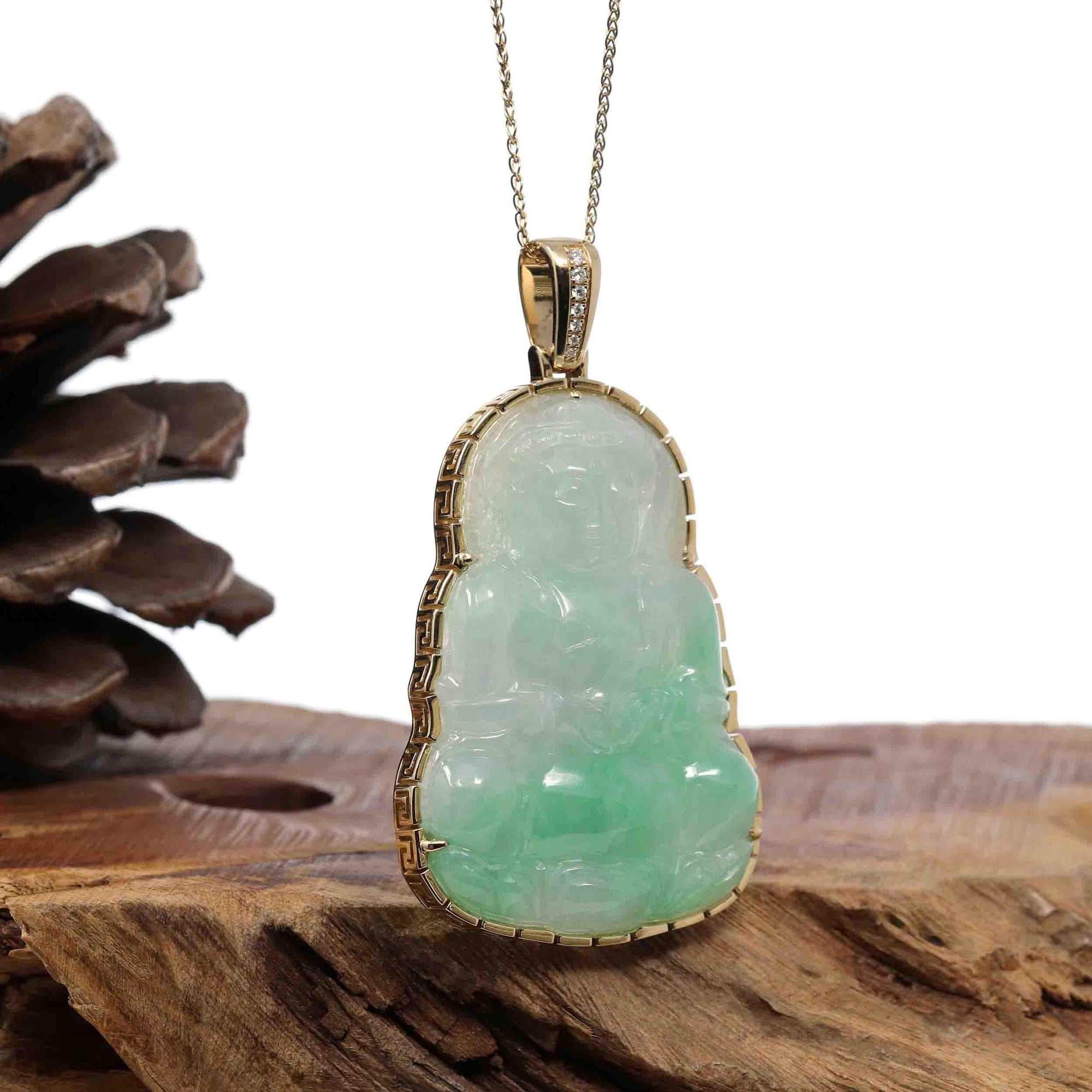 Baikalla Jewelry Jade Guanyin Pendant Necklace Copy of &quot;Goddess of Compassion&quot; 18k Yellow Gold Genuine Burmese Jadeite Jade Guanyin Necklace