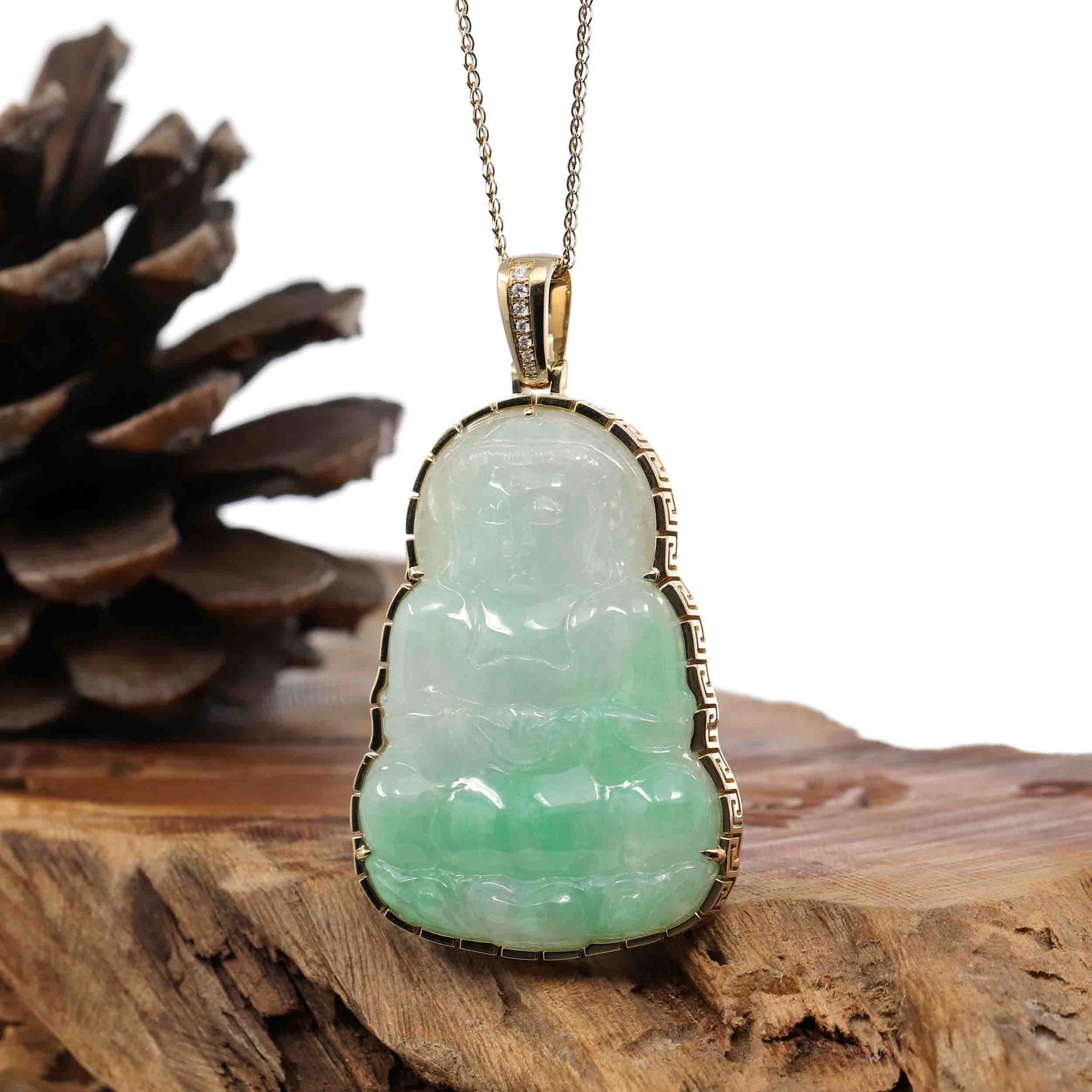 Baikalla Jewelry Jade Guanyin Pendant Necklace Copy of &quot;Goddess of Compassion&quot; 18k Yellow Gold Genuine Burmese Jadeite Jade Guanyin Necklace