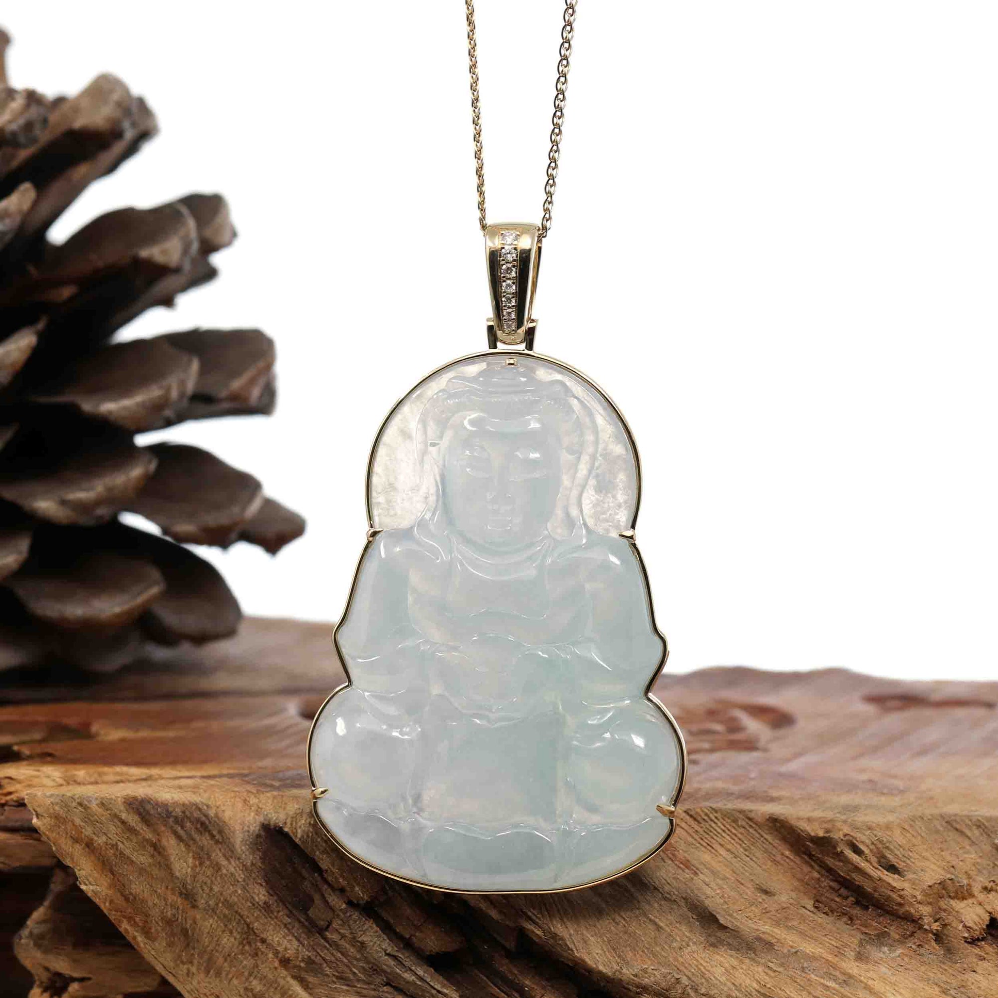 Baikalla Jewelry Jade Guanyin Pendant Necklace "Goddess of Compassion" 14k Yellow Gold Genuine Burmese Jadeite Jade Guanyin Necklace