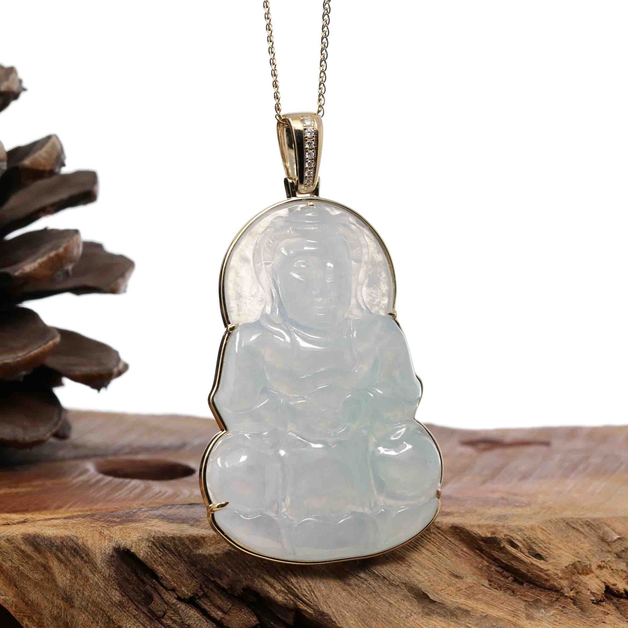 Baikalla Jewelry Jade Guanyin Pendant Necklace "Goddess of Compassion" 14k Yellow Gold Genuine Burmese Jadeite Jade Guanyin Necklace