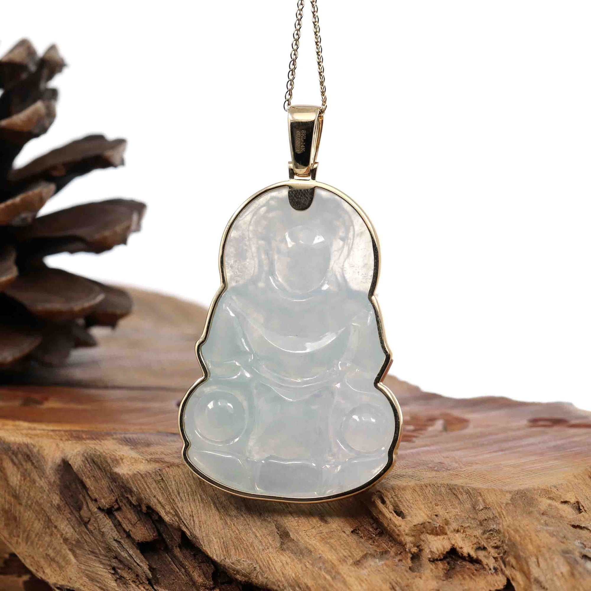 Baikalla Jewelry Jade Guanyin Pendant Necklace "Goddess of Compassion" 14k Yellow Gold Genuine Burmese Jadeite Jade Guanyin Necklace