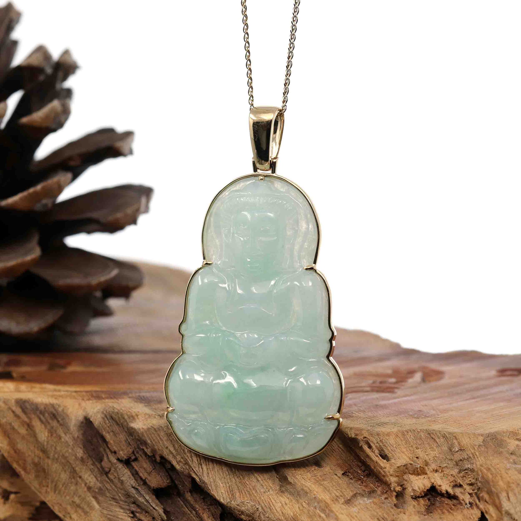 Baikalla Jewelry Jade Guanyin Pendant Necklace "Goddess of Compassion" 18k Yellow Gold Genuine Burmese Jadeite Jade Guanyin Necklace