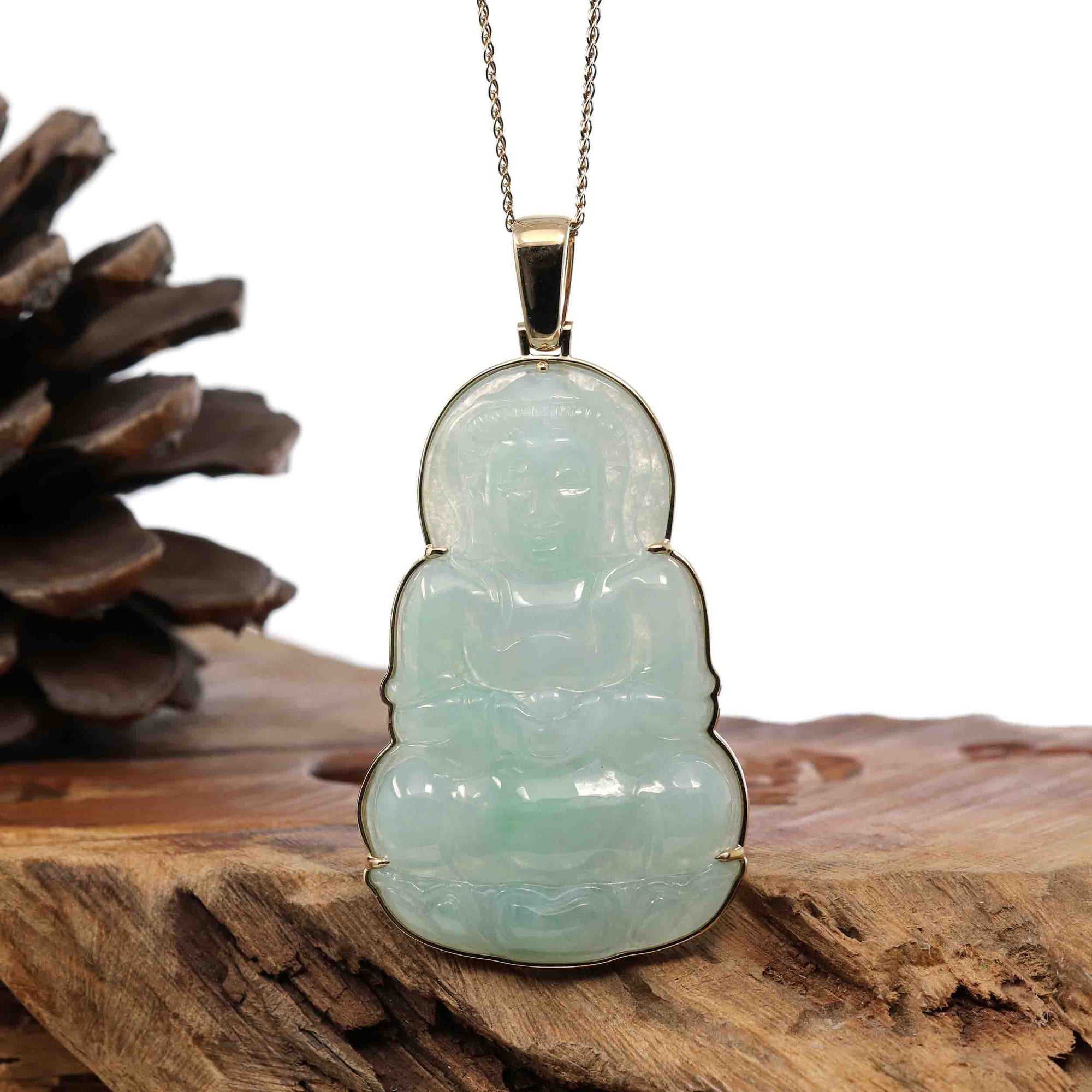 Baikalla Jewelry Jade Guanyin Pendant Necklace Pendant Only &quot;Goddess of Compassion&quot; 18k Yellow Gold Genuine Burmese Jadeite Jade Guanyin Necklace